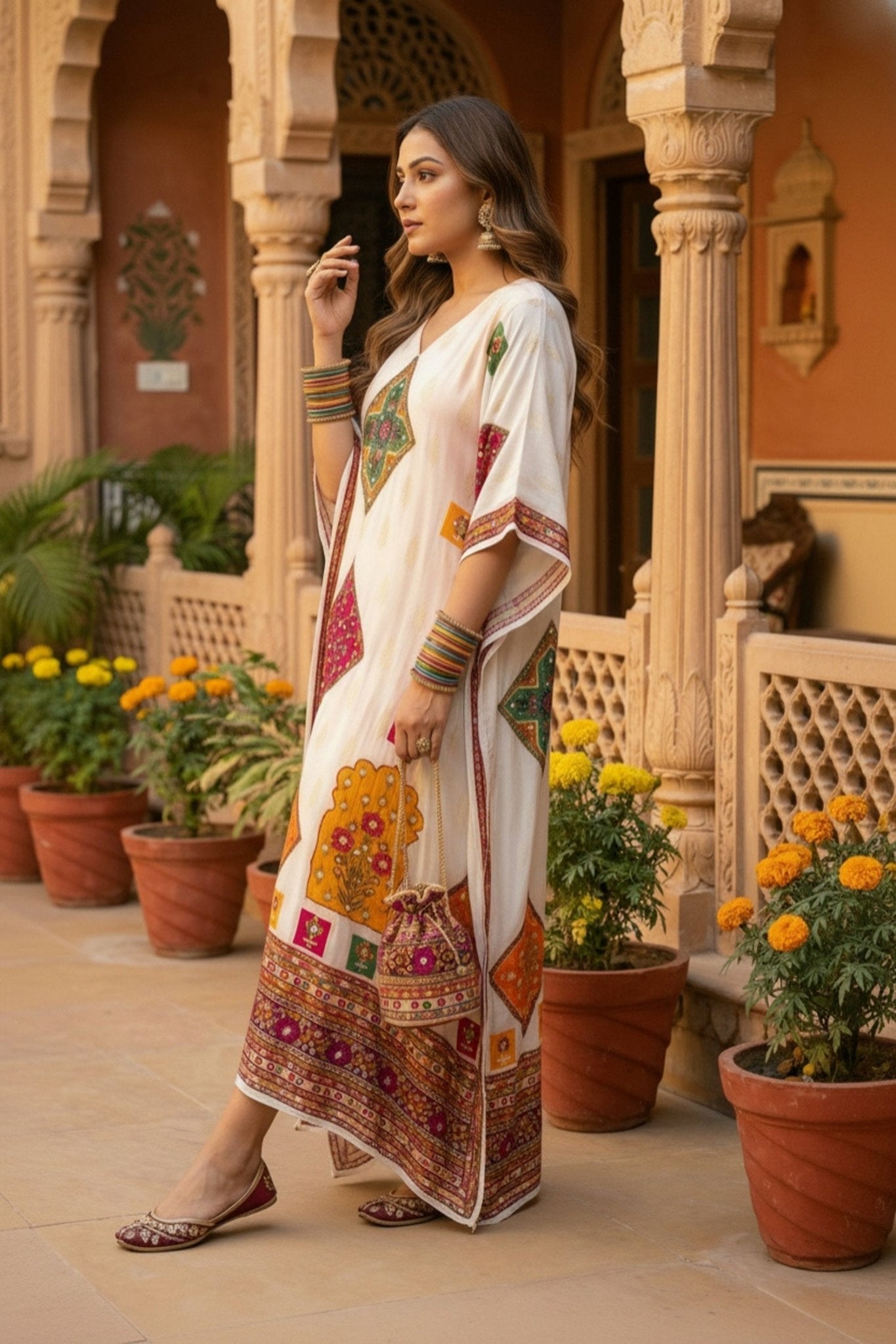 Peach Embroidered Long Kaftan with Delicate Print - Freyaa USA & Canada