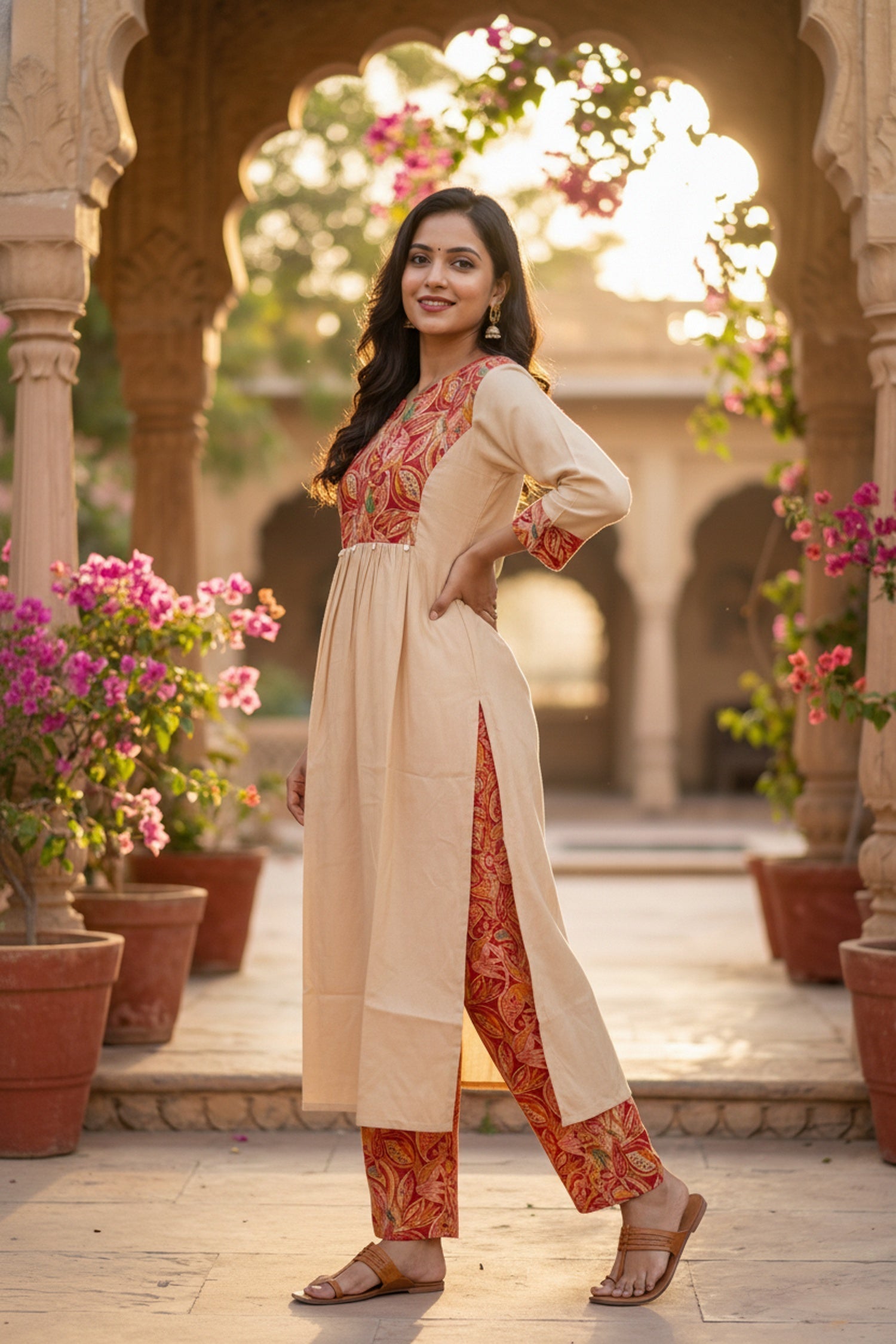 Beige Printed Cotton Co-ord Set