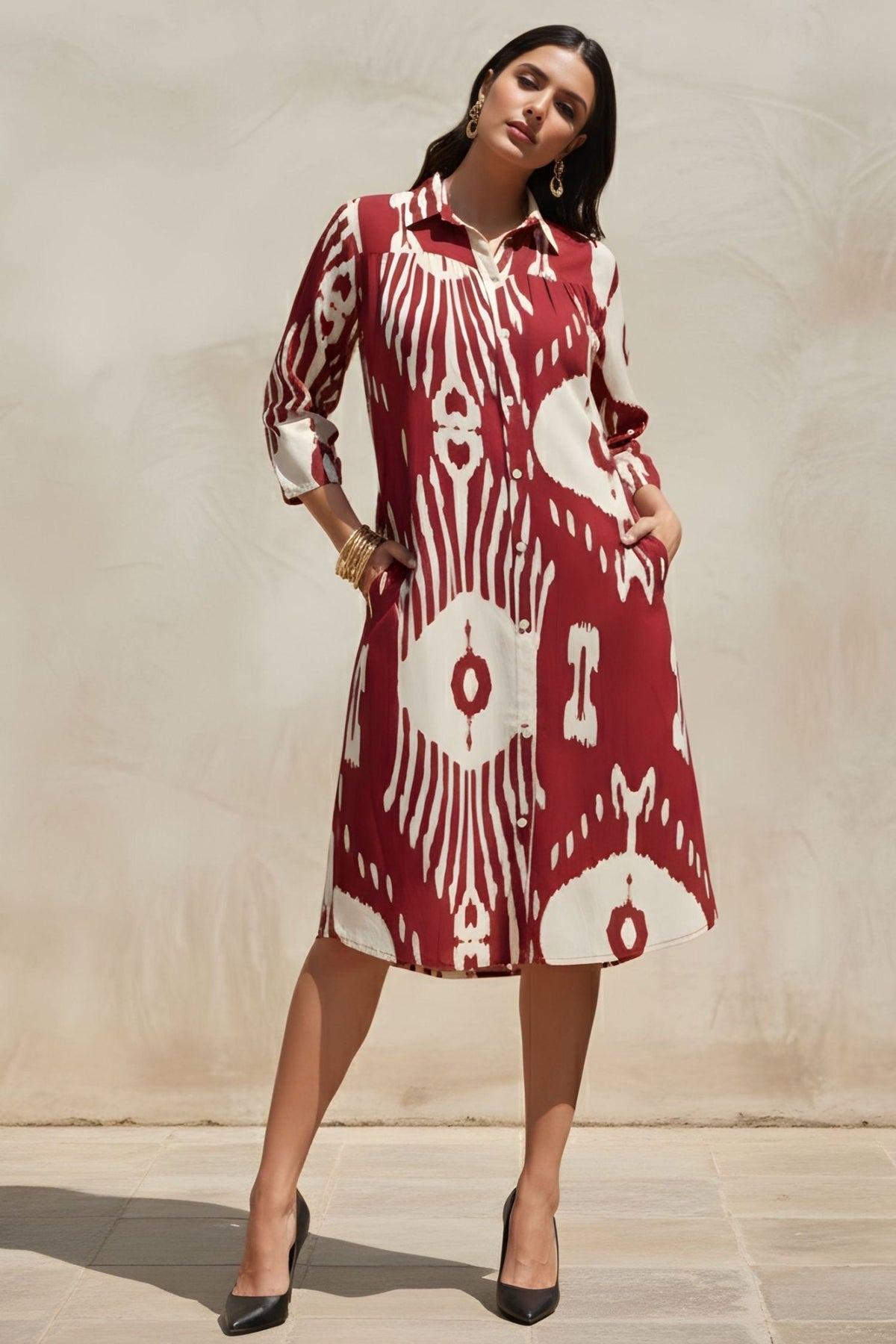 Abstract Printed Maroon Red Shirt Midi Dress - Freyaa USA & Canada