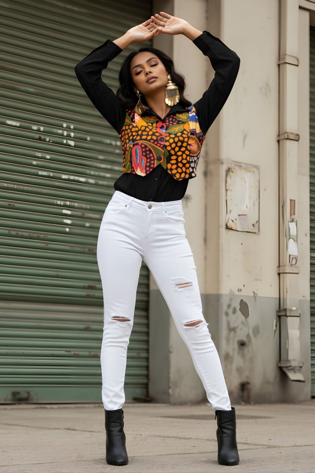 Black Shirt with Printed Cropped Jacket - Freyaa USA & Canada