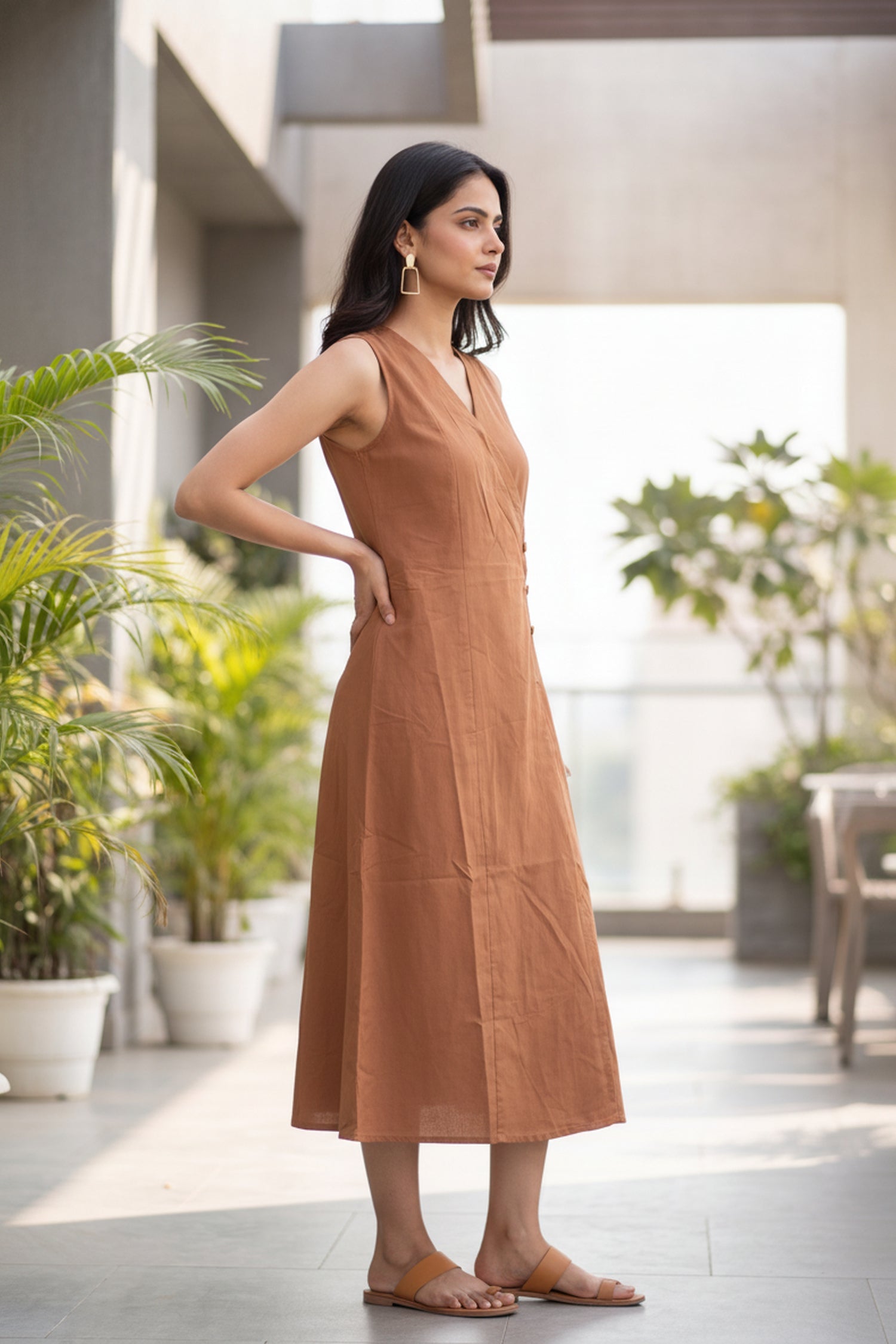 Rust Cotton Sleeveless Wrap Midi Dress