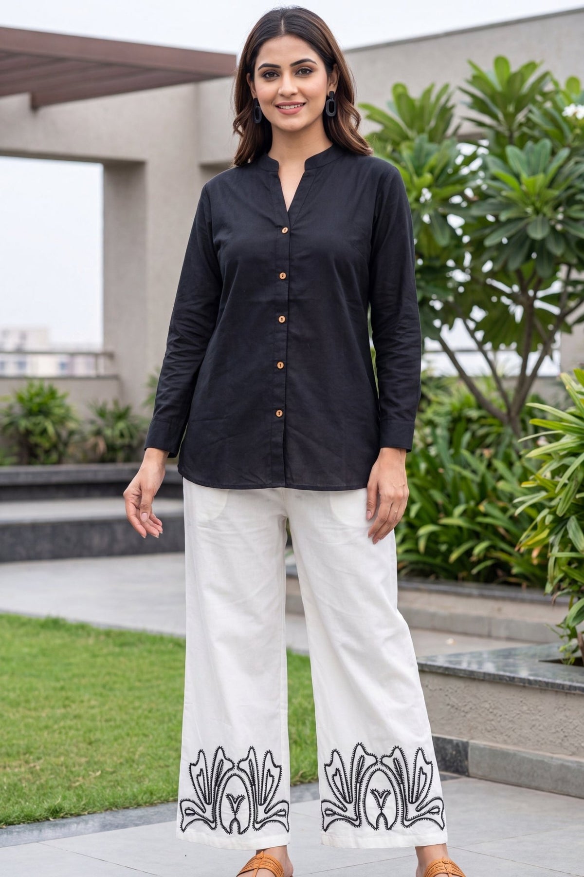 Black Cotton Shirt & White Printed Palazzo Co-Ord Set - Freyaa