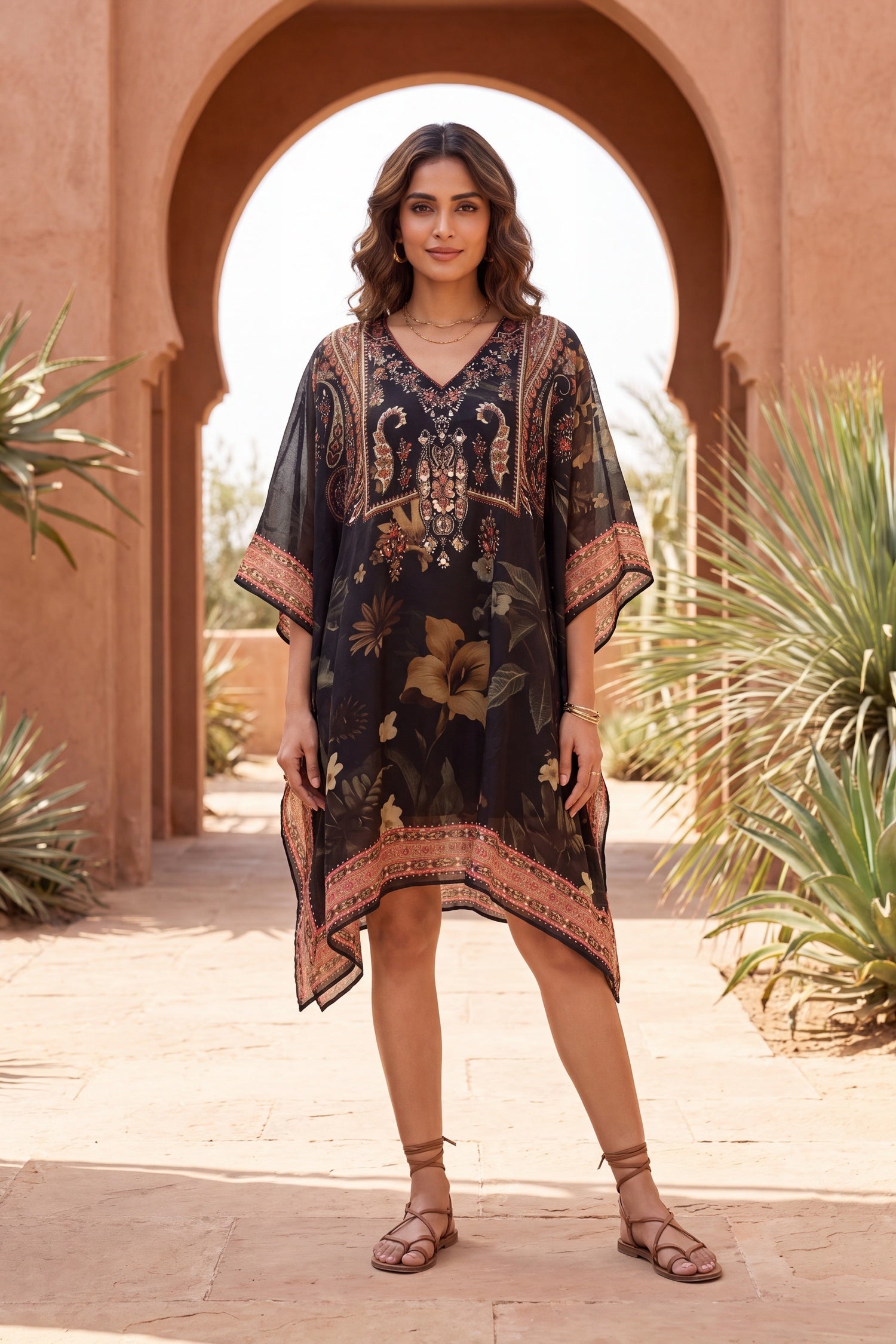 Black Embroidered Printed Short Kaftan
