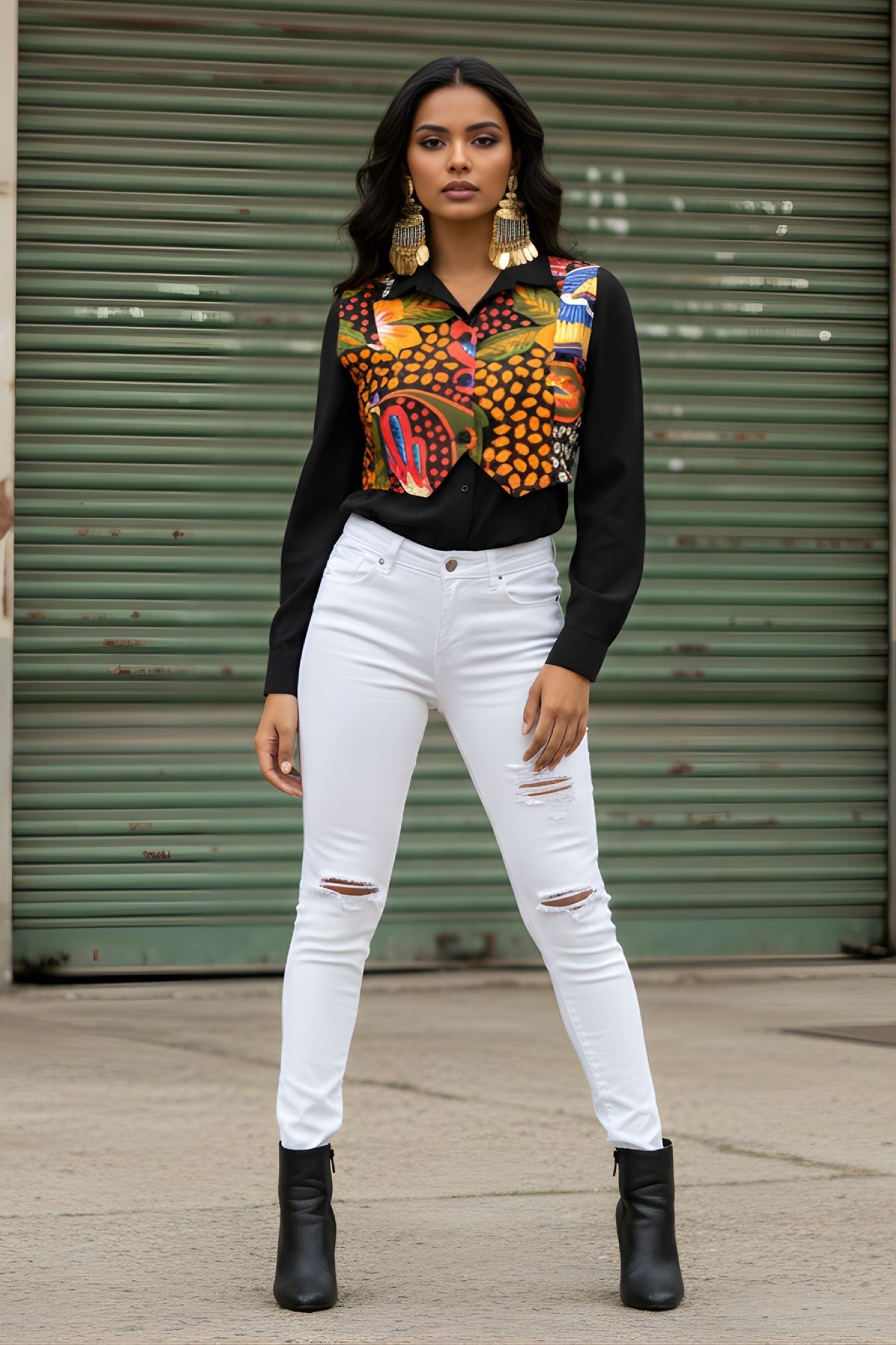 Black Shirt with Printed Cropped Jacket