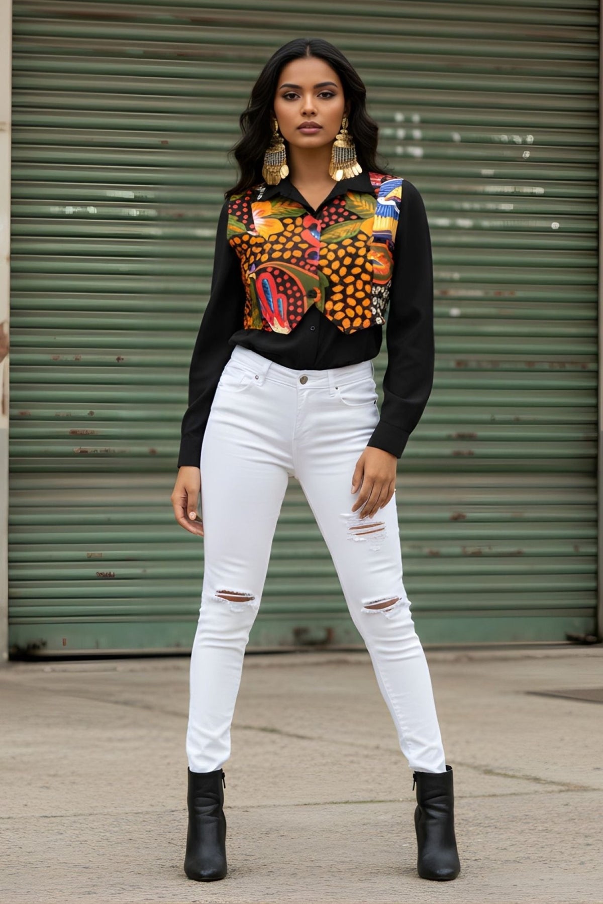 Black Shirt with Printed Cropped Jacket - Freyaa USA & Canada