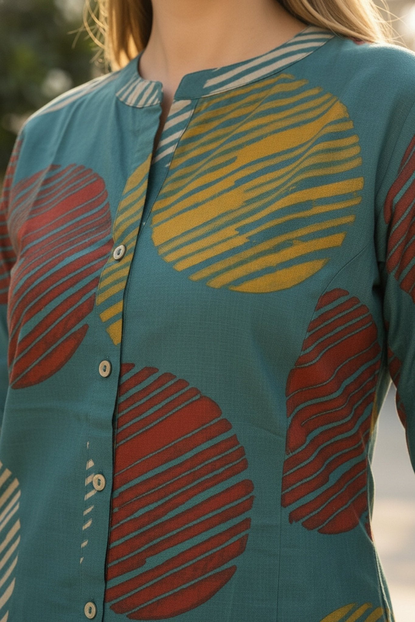 Peacock Blue Geometric Print Cotton Top - Freyaa USA & Canada
