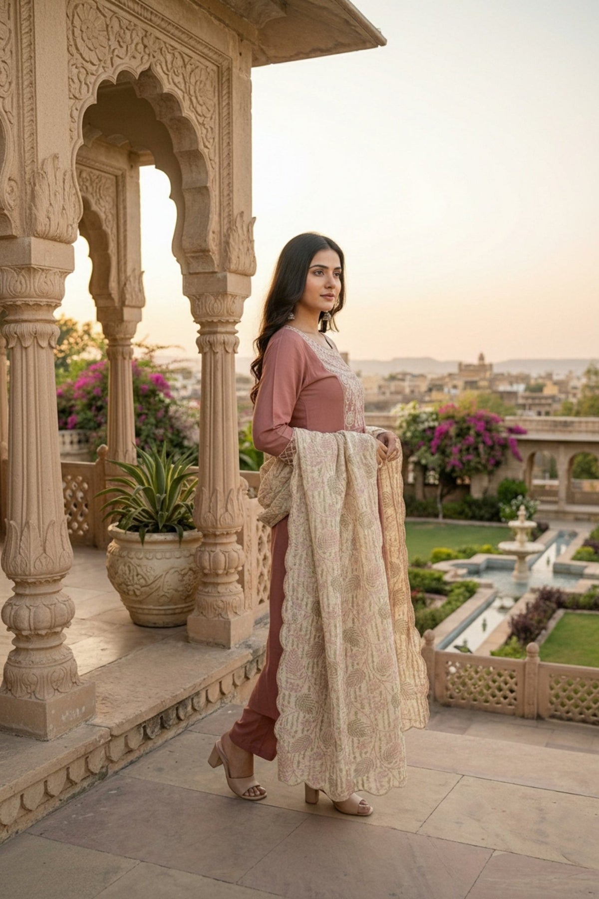 Onion Pink Embroidered Kurta Set with Tissue Silk Dupatta - Freyaa USA & Canada