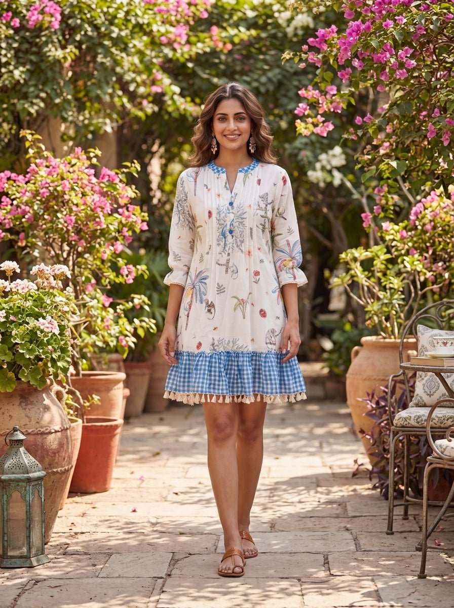White Tropical Floral Short Kurti - Freyaa USA & Canada