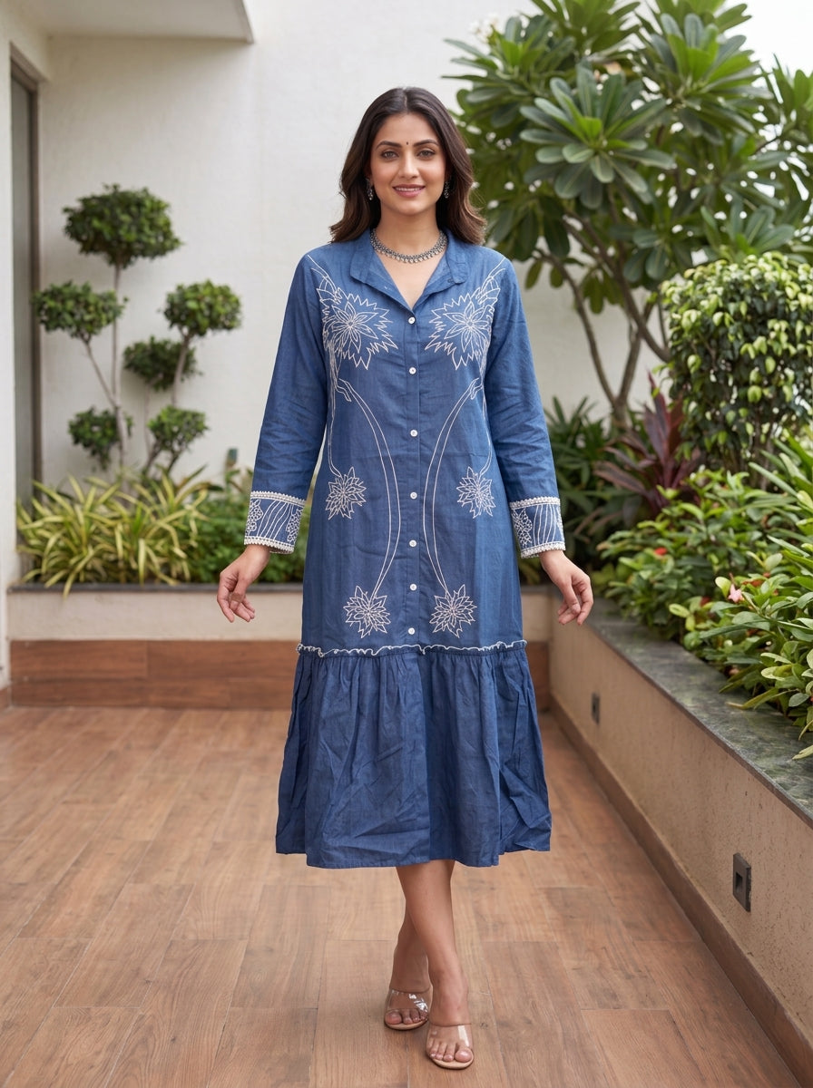Royal Blue Floral Embroidery Long Dress