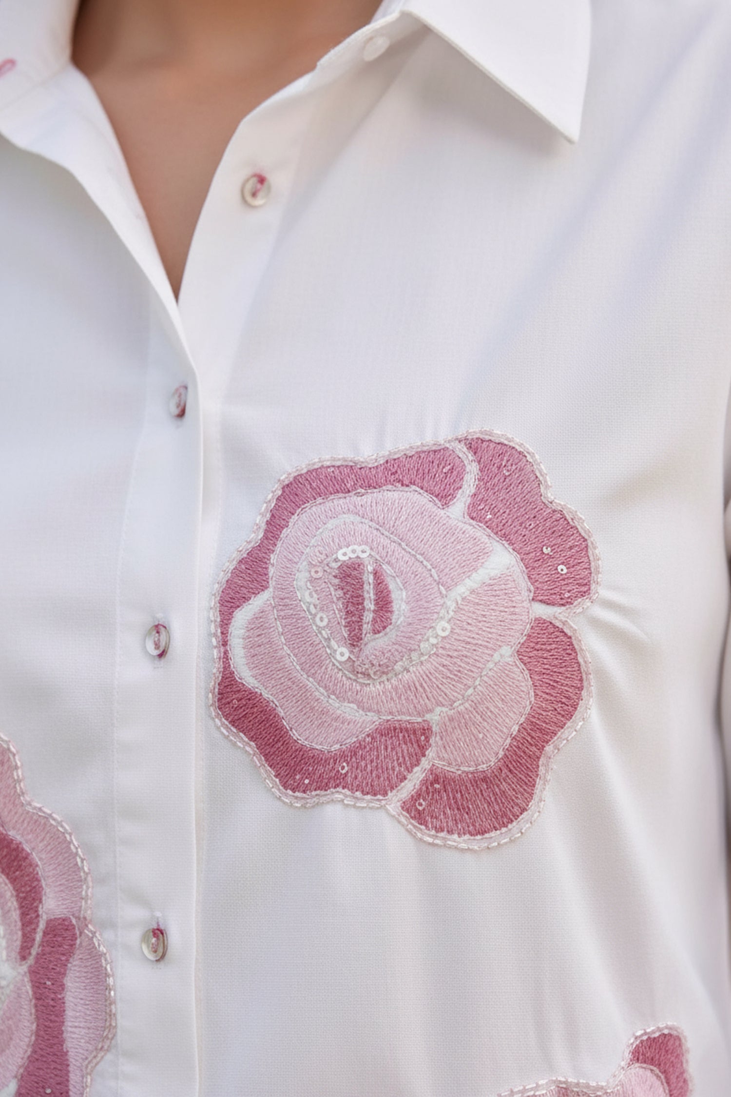 Women's White Cotton Shirt with Pink Floral Appliqué Detailing