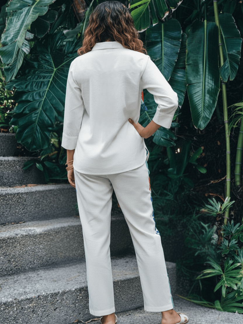 White Cotton Co-ord Set with Ikat-Inspired Panel Design & Shirt Collar - Freyaa USA & Canada