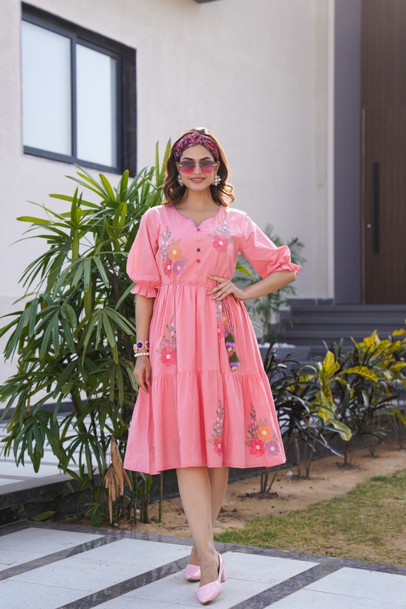 Charming Pink Tunic with Intricate Embroidery Handwork - Freyaa USA & Canada