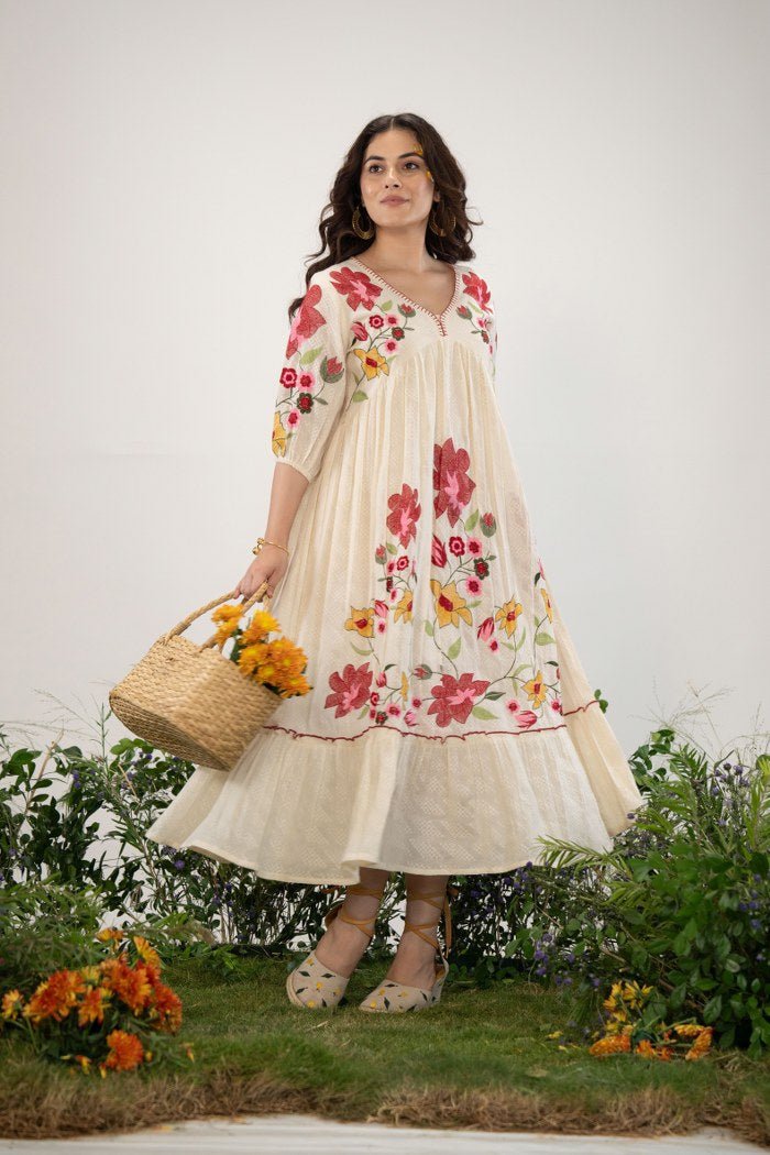 Off-White Long Dress with Handcrafted Floral Design - Freyaa USA & Canada
