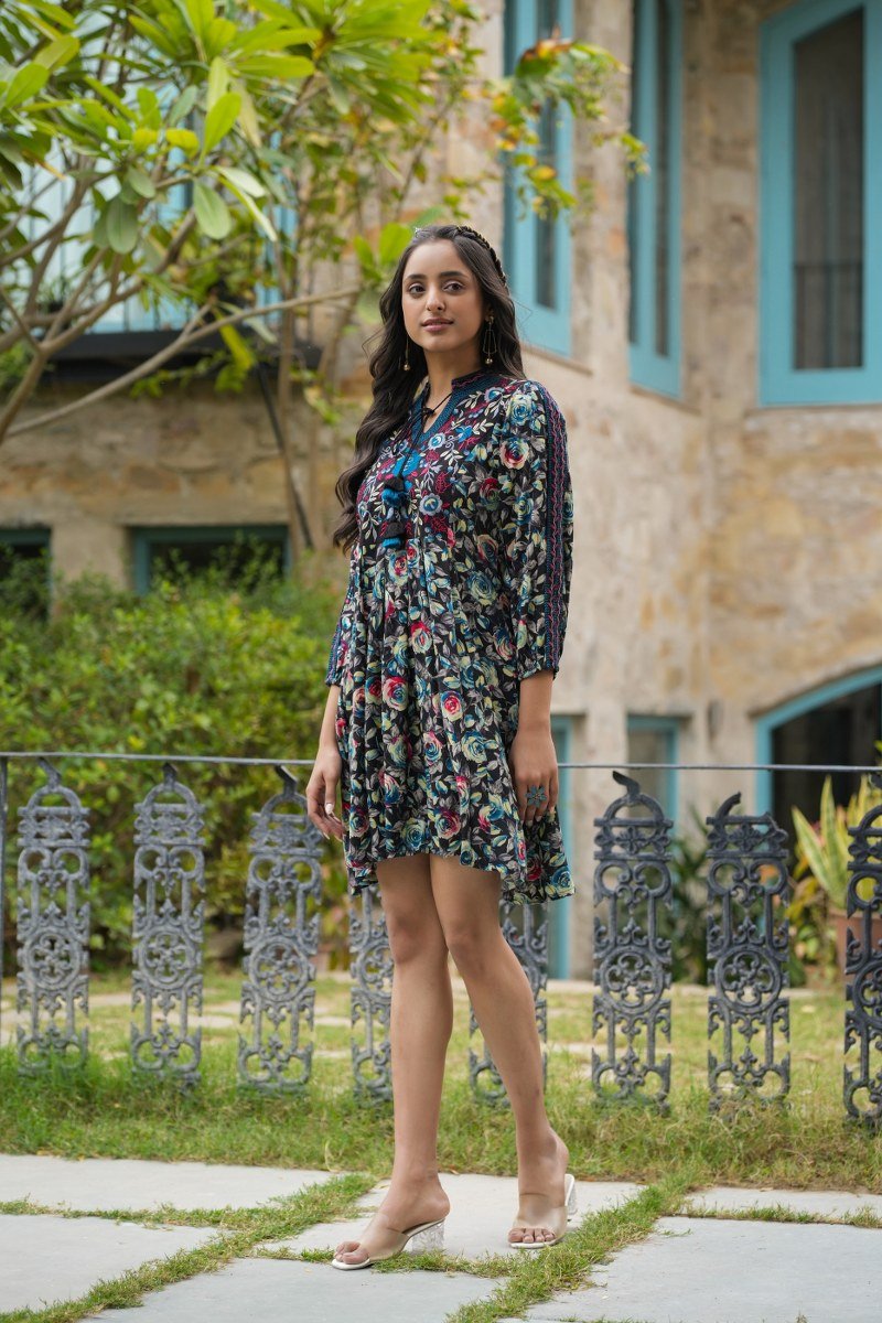 Tie-U Multicolor Floral Print Cotton Tunic Dress - Freyaa USA & Canada