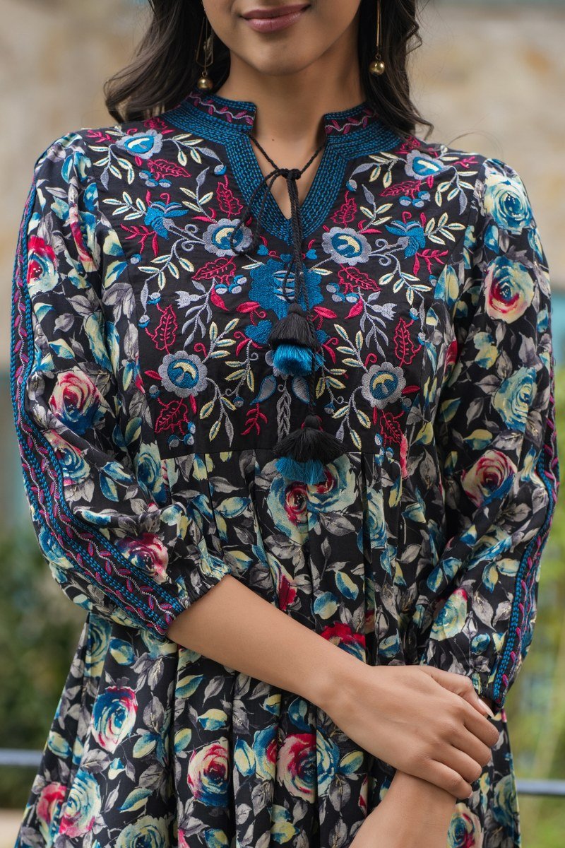 Tie-U Multicolor Floral Print Cotton Tunic Dress - Freyaa USA & Canada
