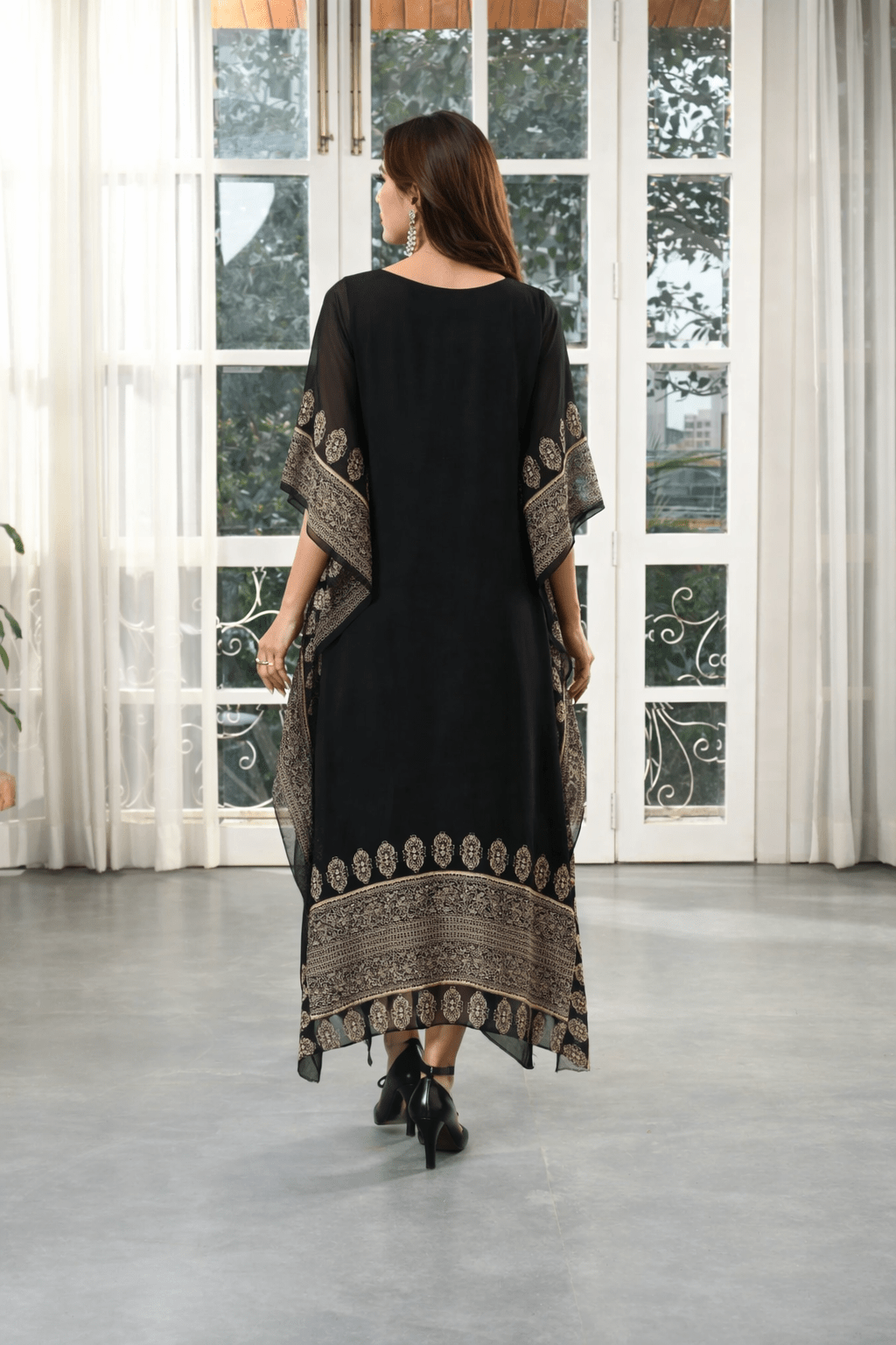 Gold Hand Embroidery Black Kaftan - Freyaa USA & Canada