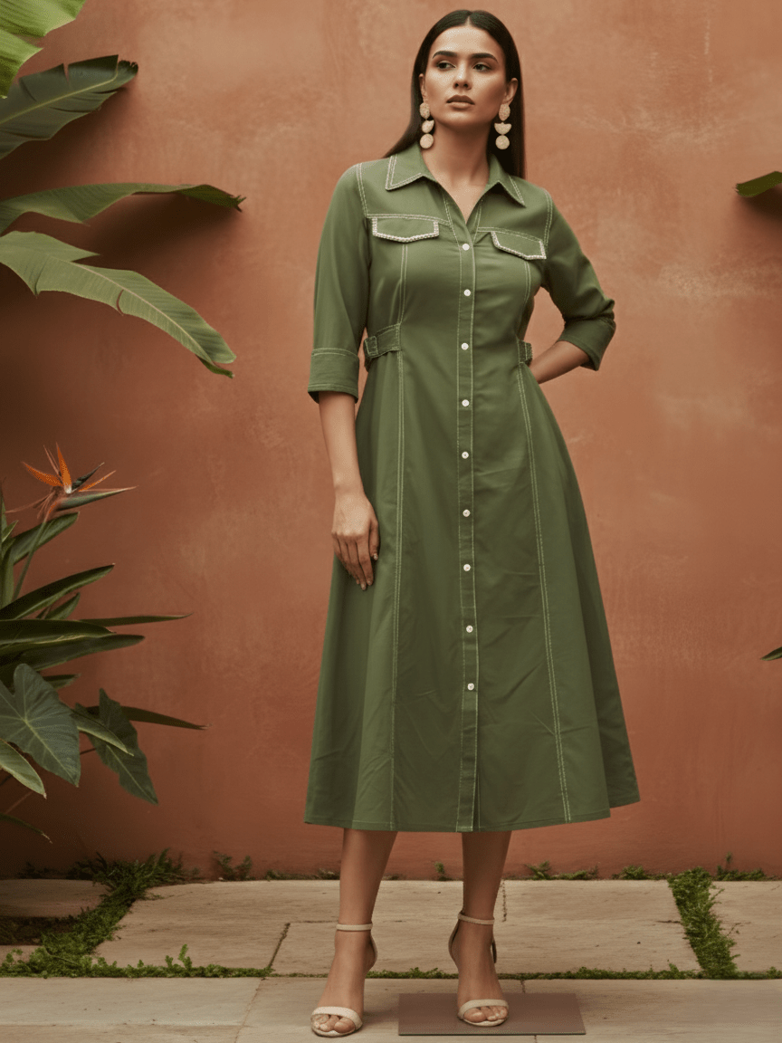 Olive Green Solid Denim Dress - Freyaa USA & Canada