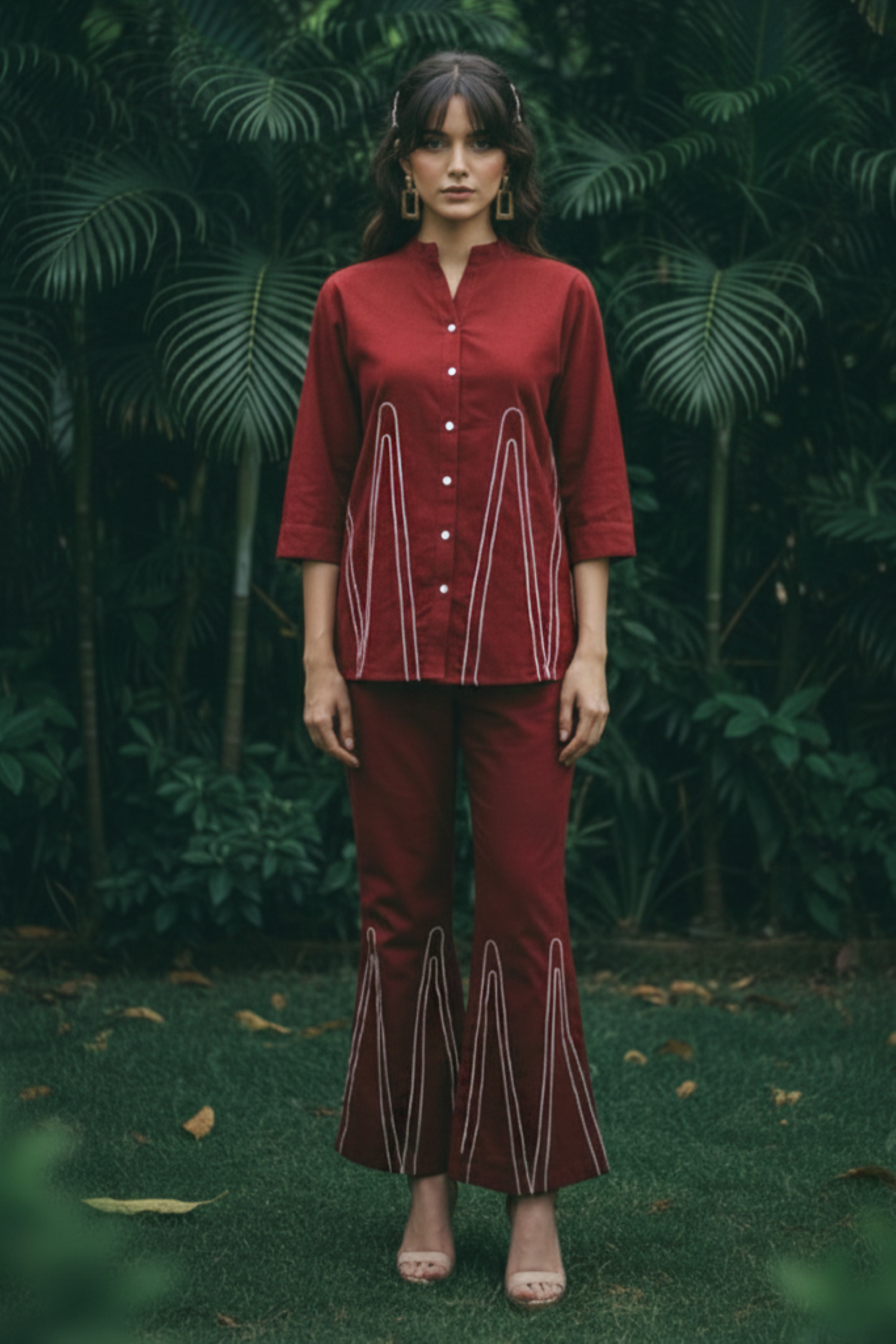 Women's Linen Cotton Maroon Red Relax Fit Cord Set. - Freyaa USA & Canada