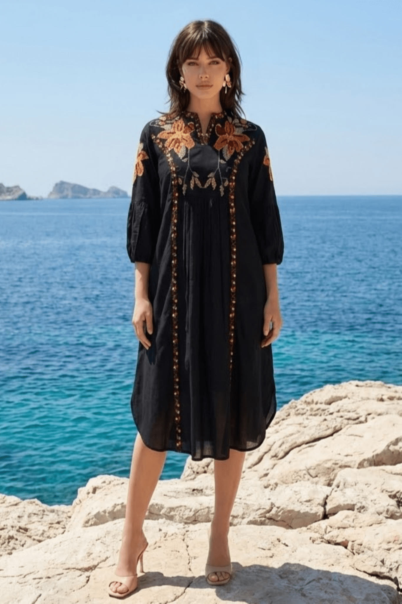 Black Printed Long Dress - Freyaa USA & Canada