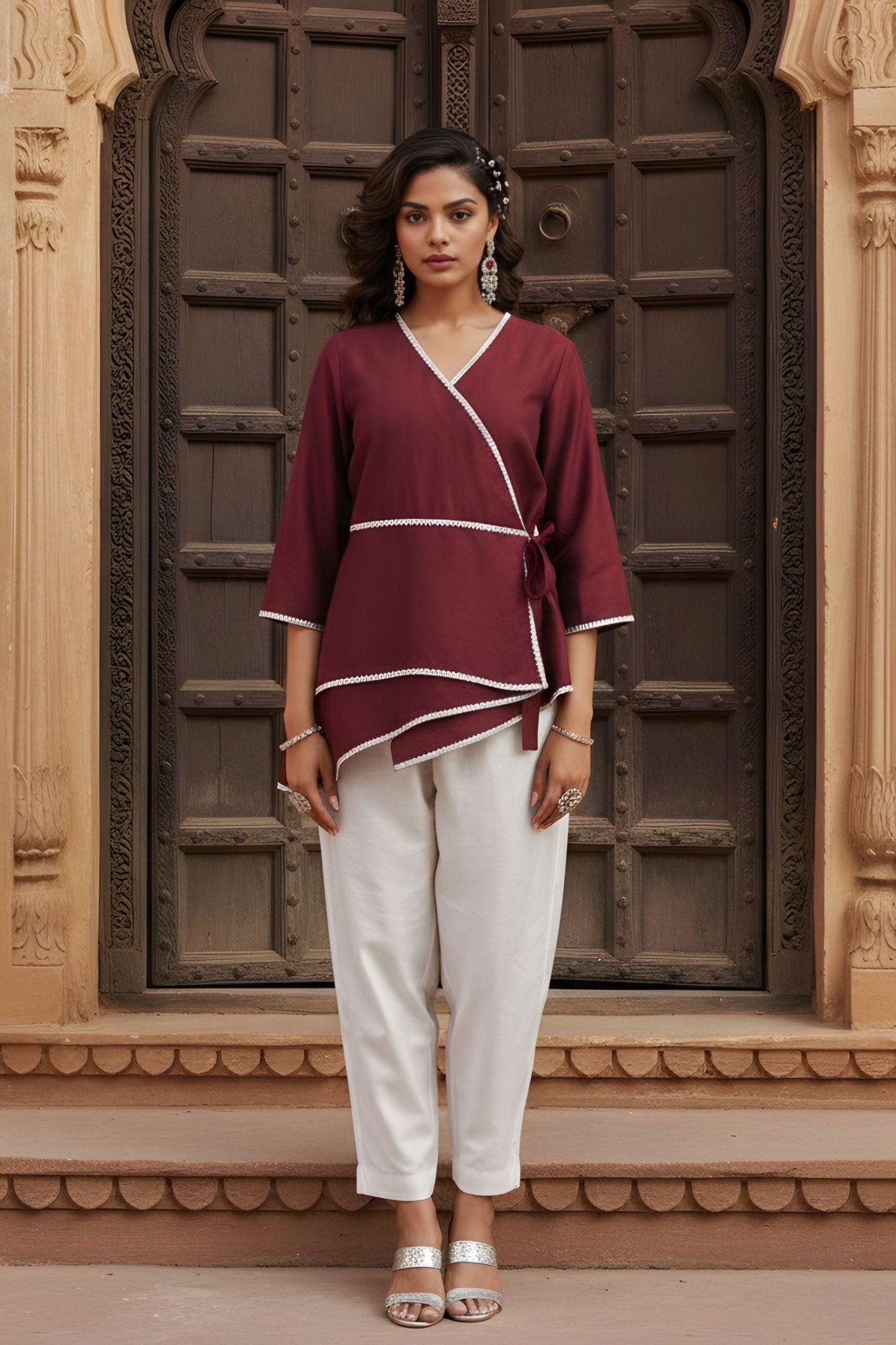 Maroon Wrap-Style Asymmetric Top - Freyaa USA & Canada
