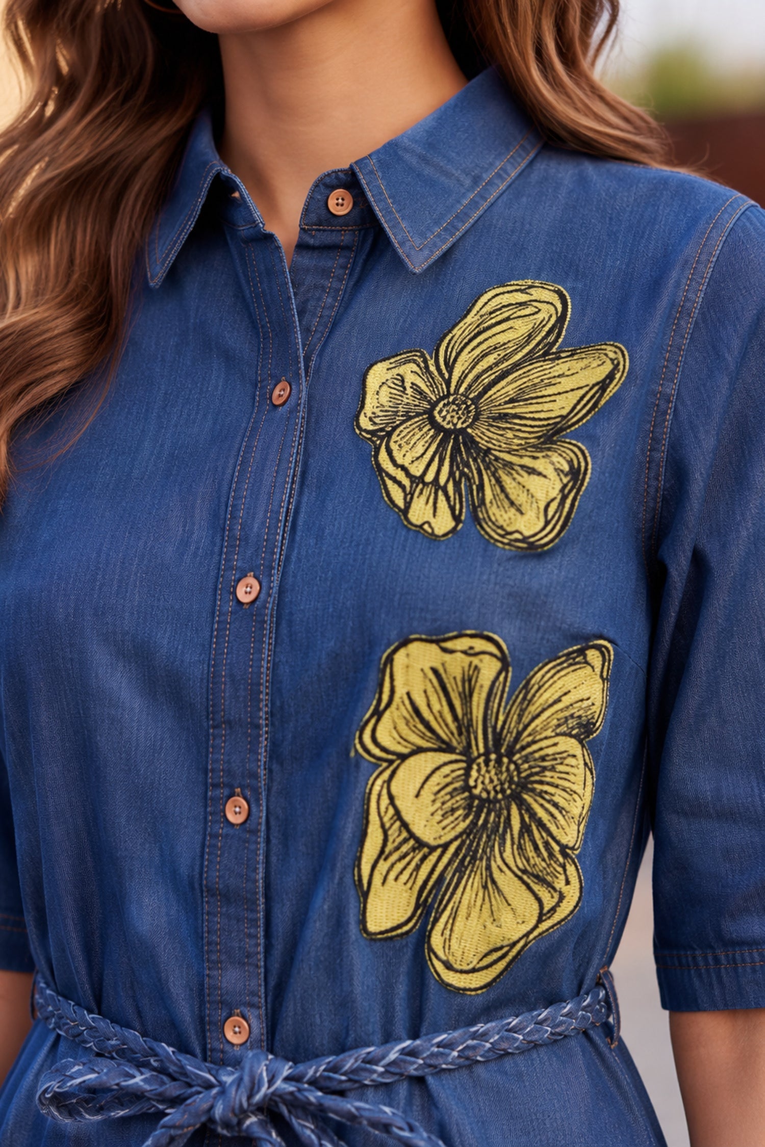 Floral Embroidered Denim Midi Shirt Dress
