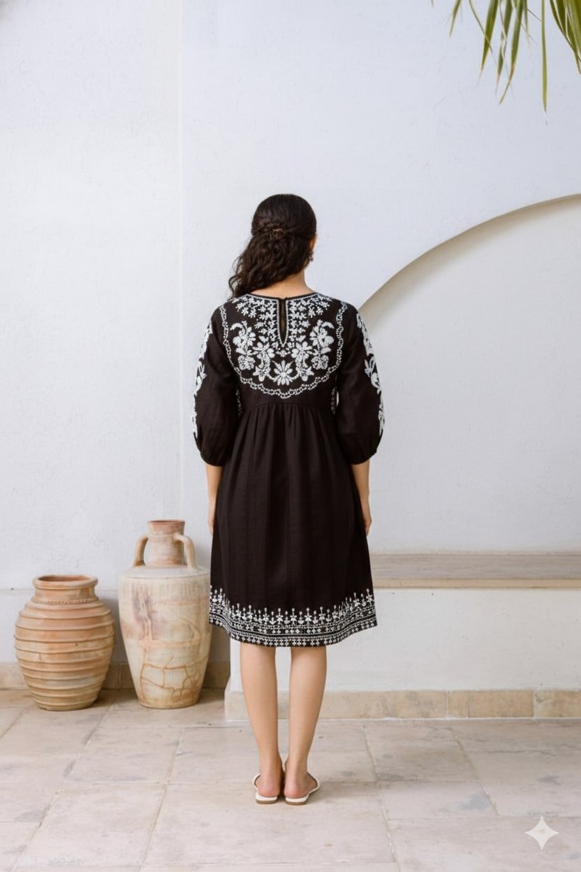 Stunning Black Tunic with Artistic Detail - Freyaa USA & Canada