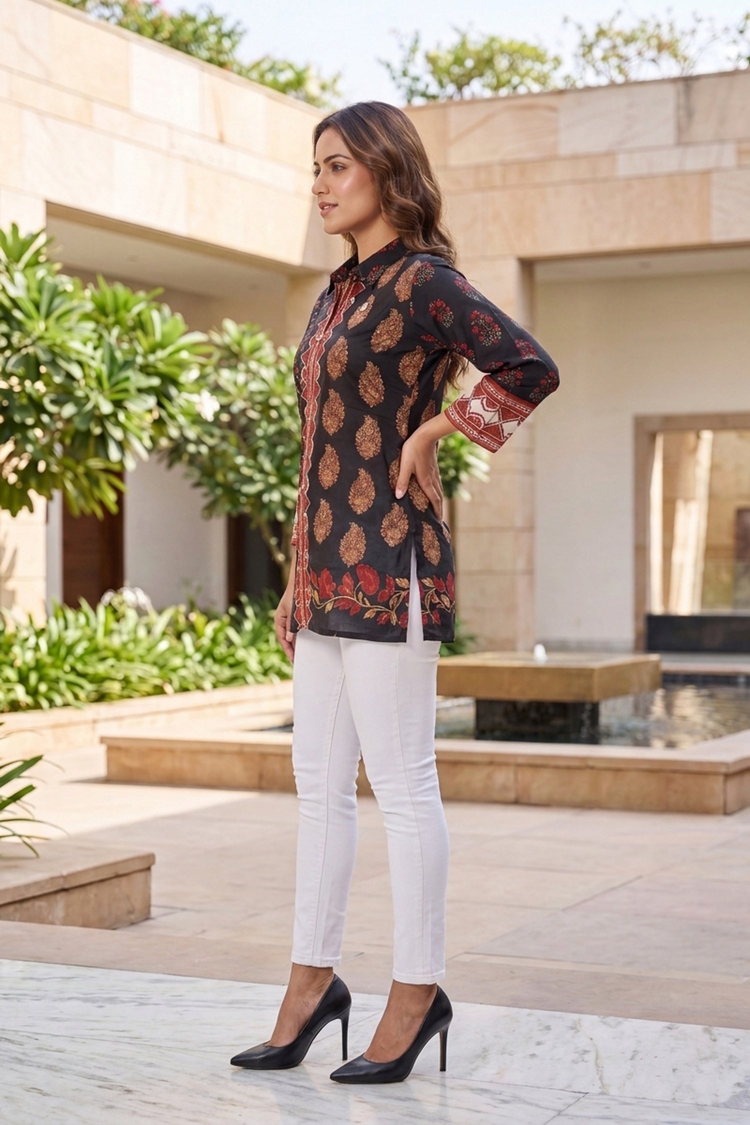 Navy Blue & Floral Printed Crepe Top