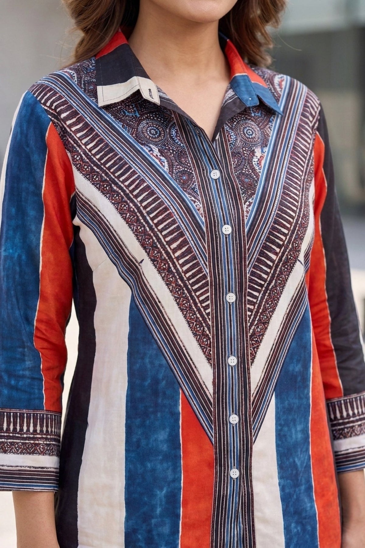 Multicolor Striped Geometric Crepe Shirt Top - Freyaa USA & Canada