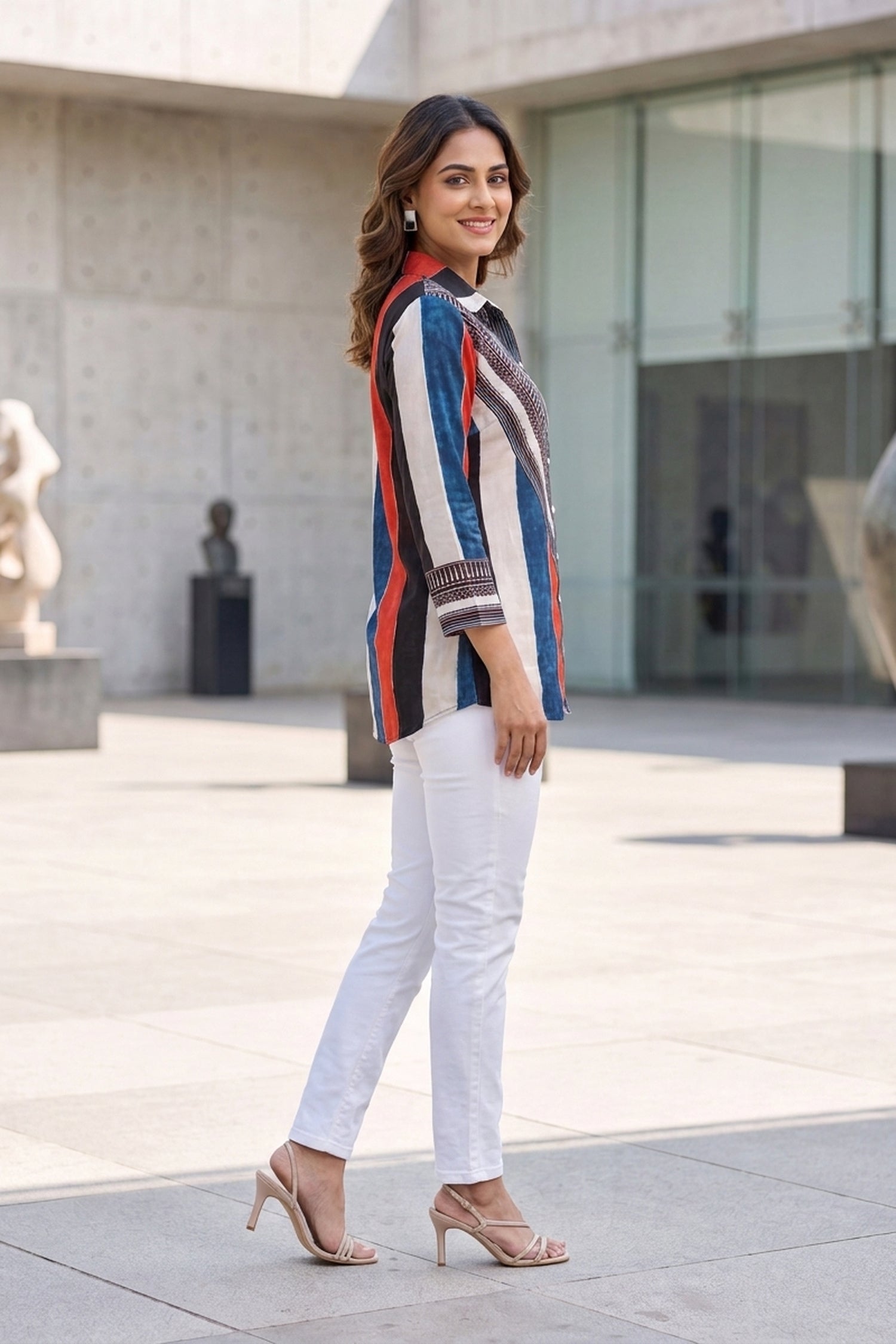 Multicolor Striped Geometric Crepe Shirt Top