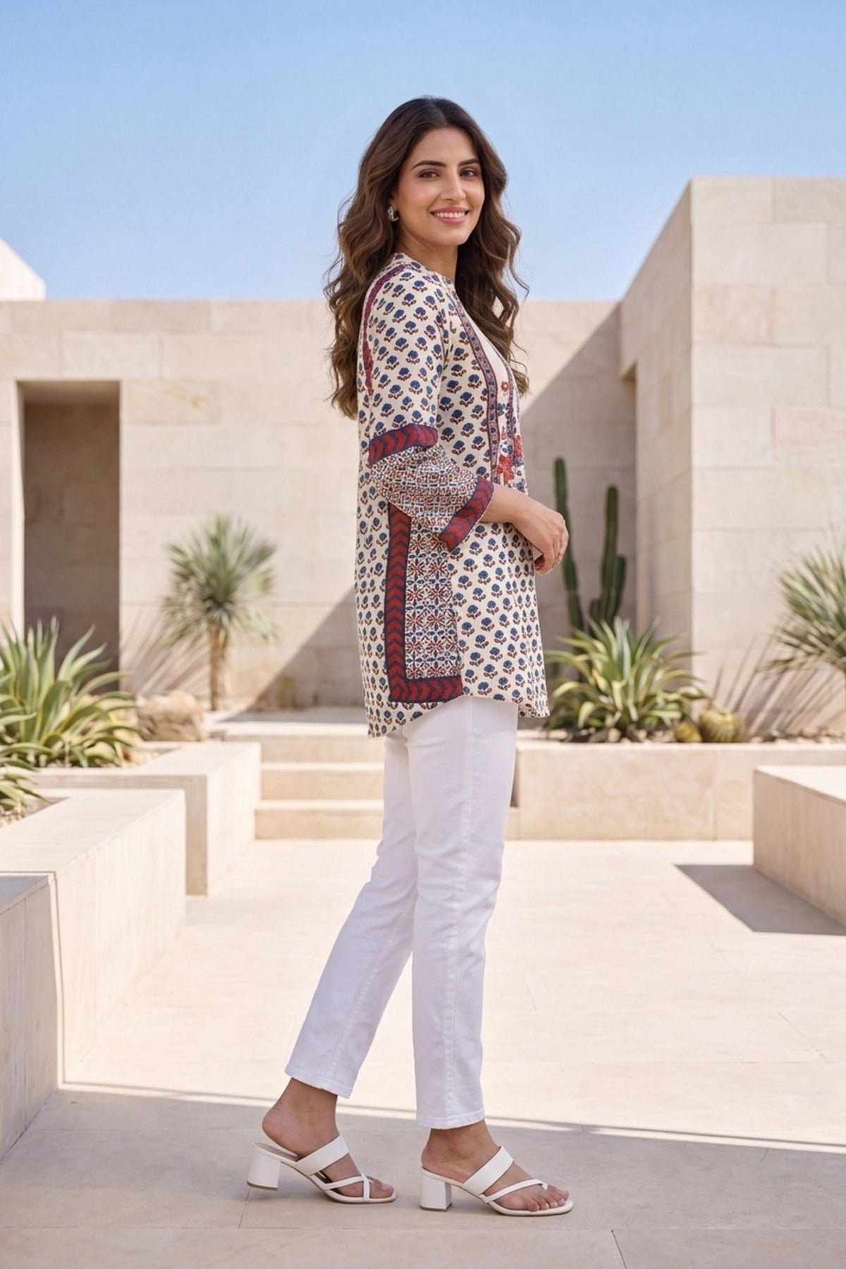 White Floral Block-Print Crepe Top - Freyaa USA & Canada