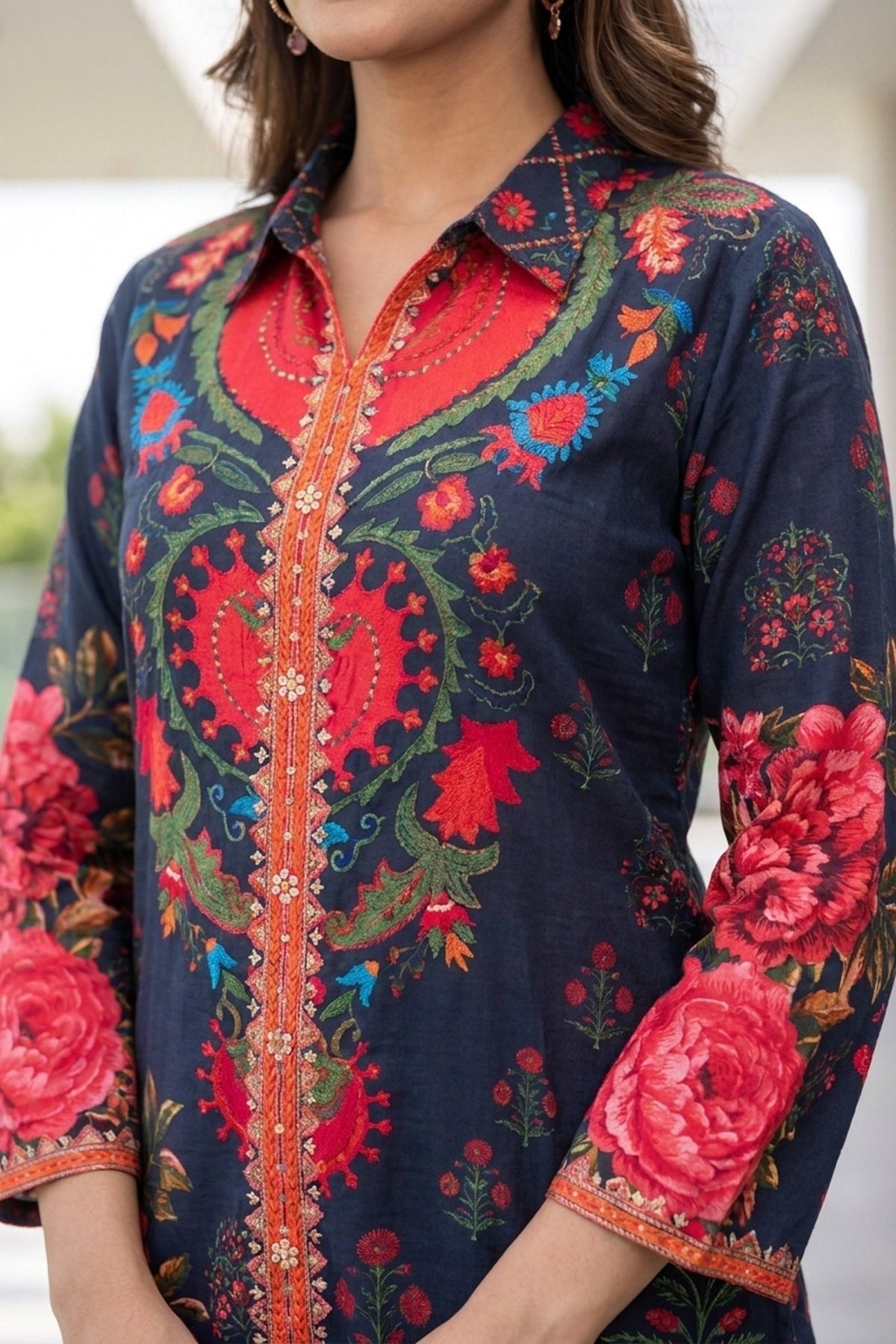 Navy Blue Floral Crepe Shirt Top - Freyaa USA & Canada