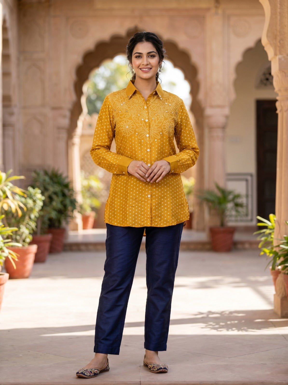 Golden Yellow Bhandhi Crepe Shirt - Freyaa USA & Canada