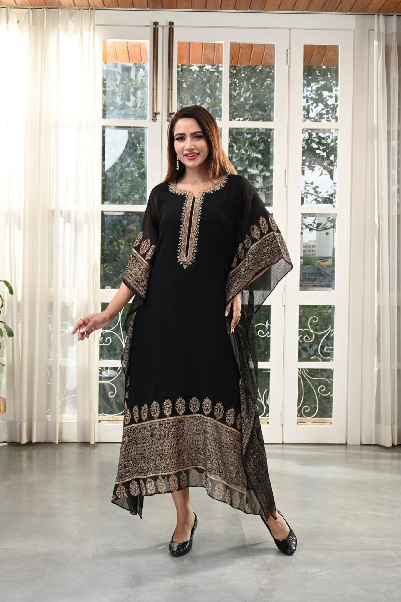 Gold Hand Embroidery Black Kaftan - Freyaa USA & Canada