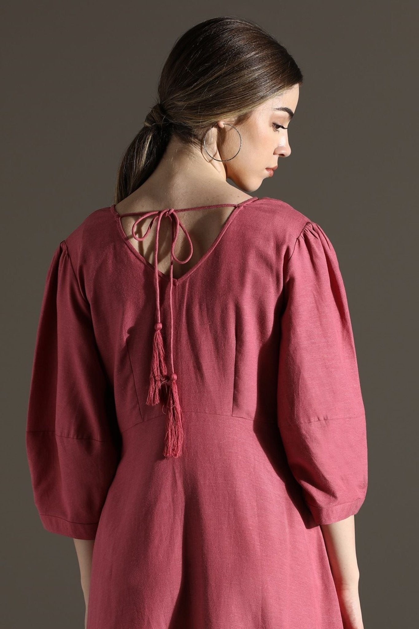 Graceful Pink Buttoned Midi Dress - Freyaa USA & Canada