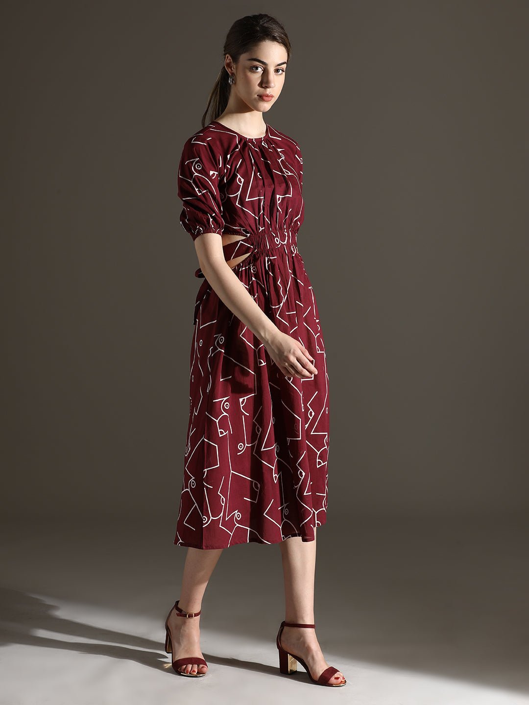 Maroon Long Dress with Stylish Back Cut and Print - Freyaa USA & Canada
