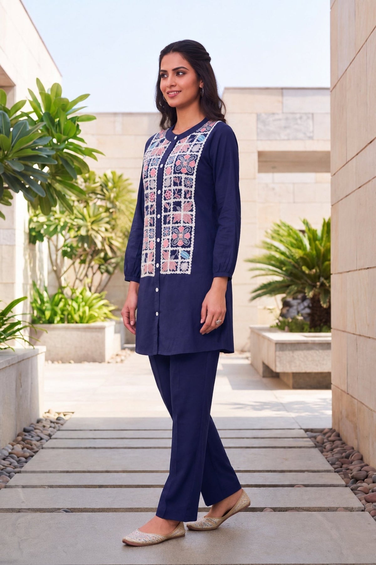 Navy Floral Embroidered CordSet - Freyaa