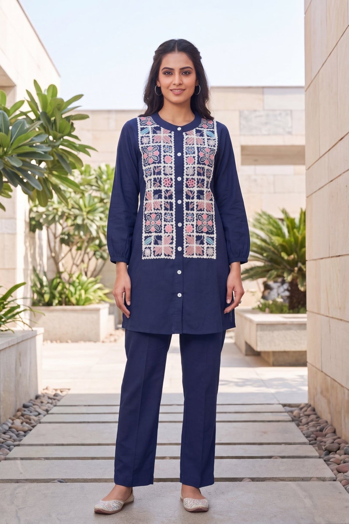 Navy Floral Embroidered CordSet - Freyaa