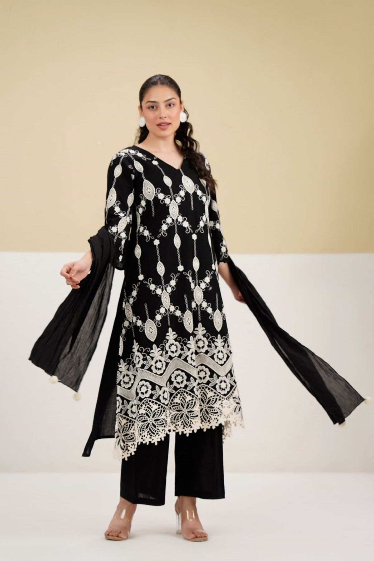 Cotton Embroidered Dupatta Set in Black. - Freyaa USA & Canada