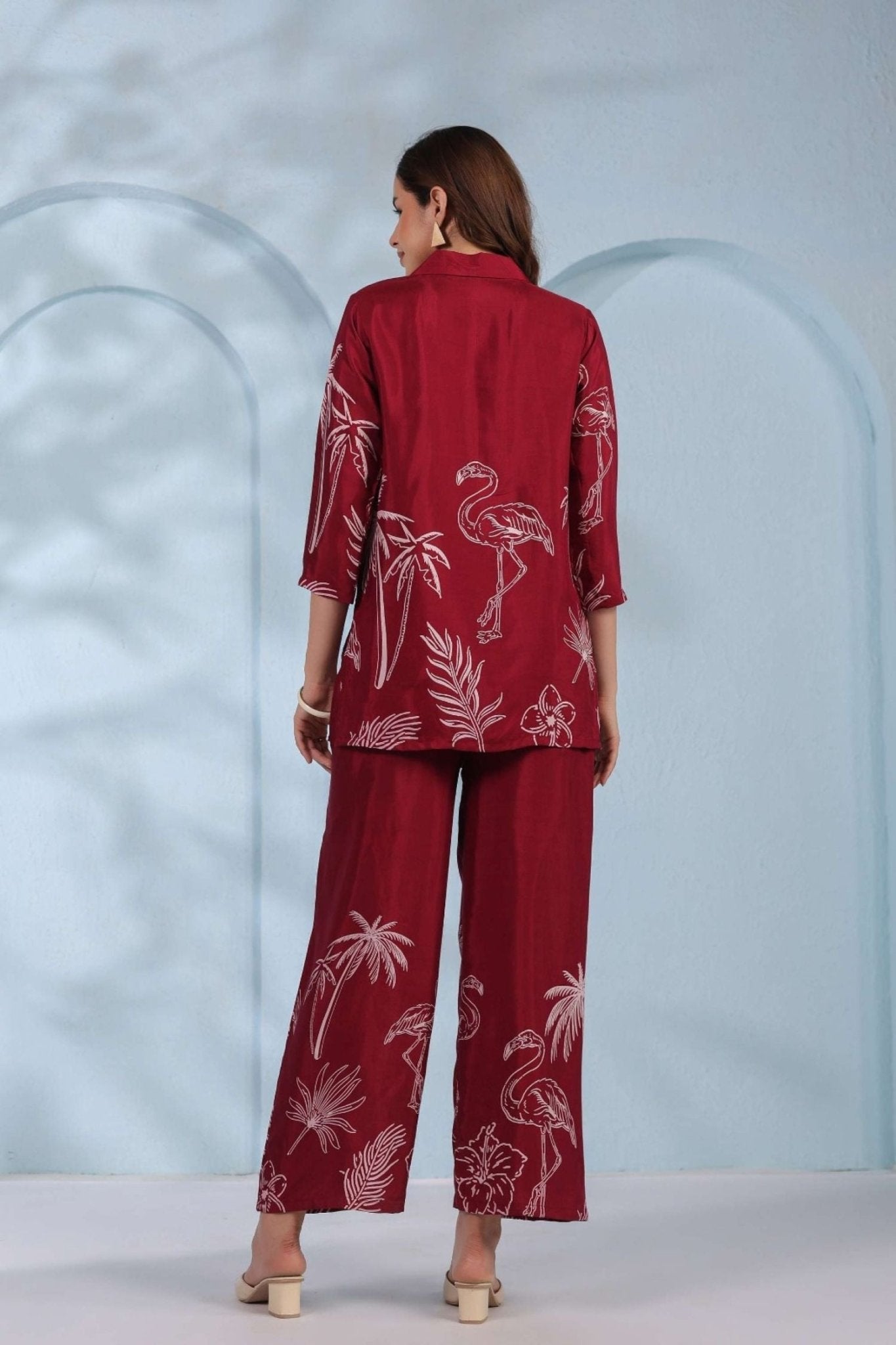 Maroon Red Co-ord Set with Tribal Print Pattern - Freyaa USA & Canada