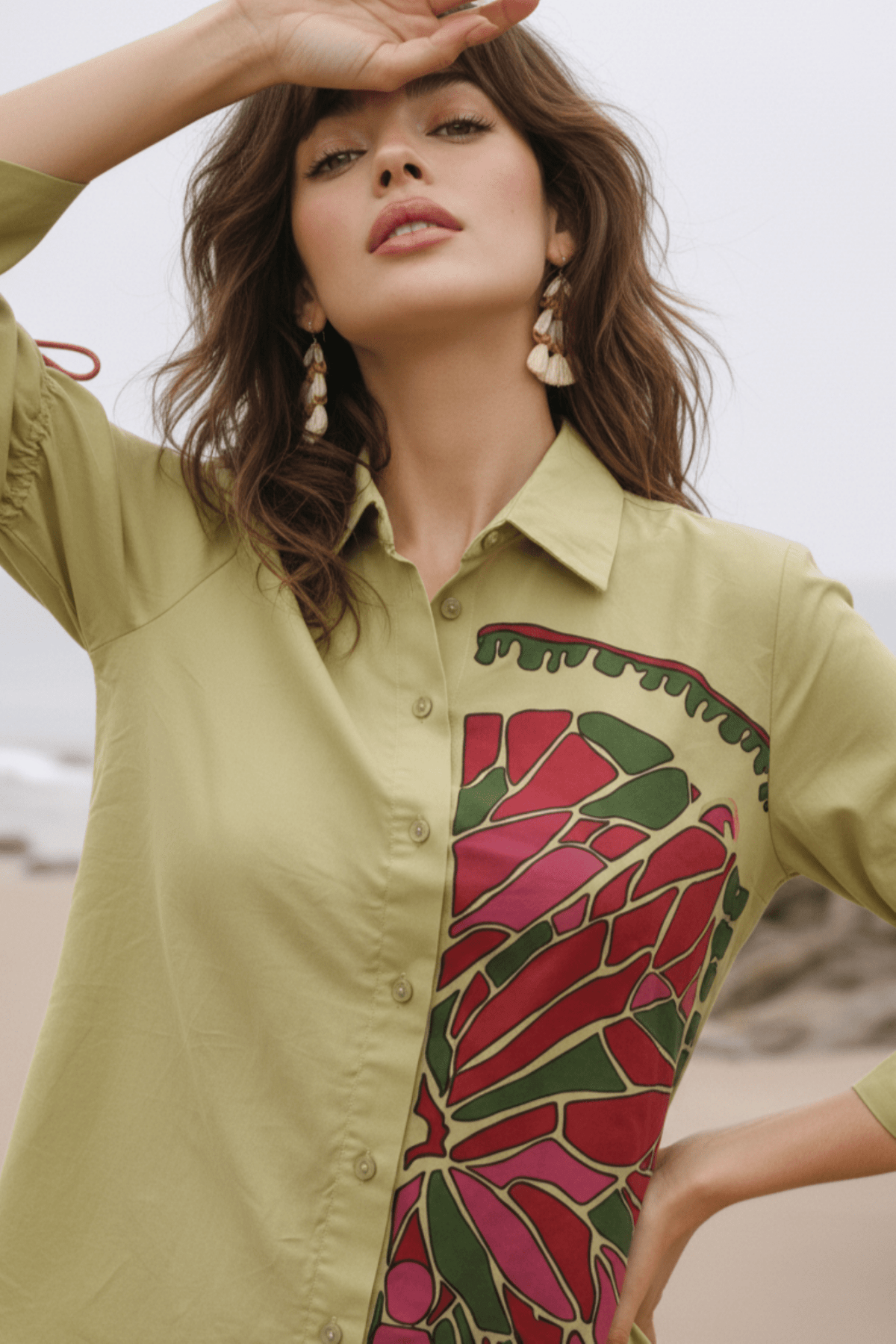 Relaxed Fit Printed Cotton Green Shirt - Freyaa USA & Canada