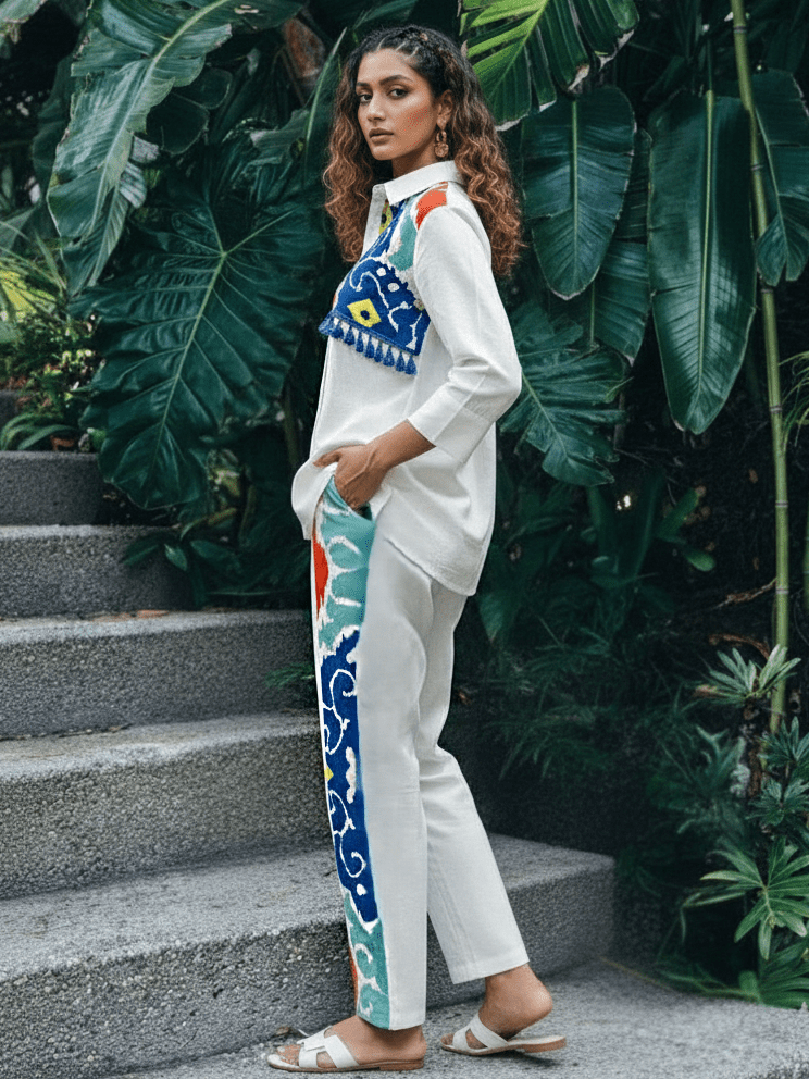 White Cotton Co-ord Set with Ikat-Inspired Panel Design & Shirt Collar - Freyaa USA & Canada