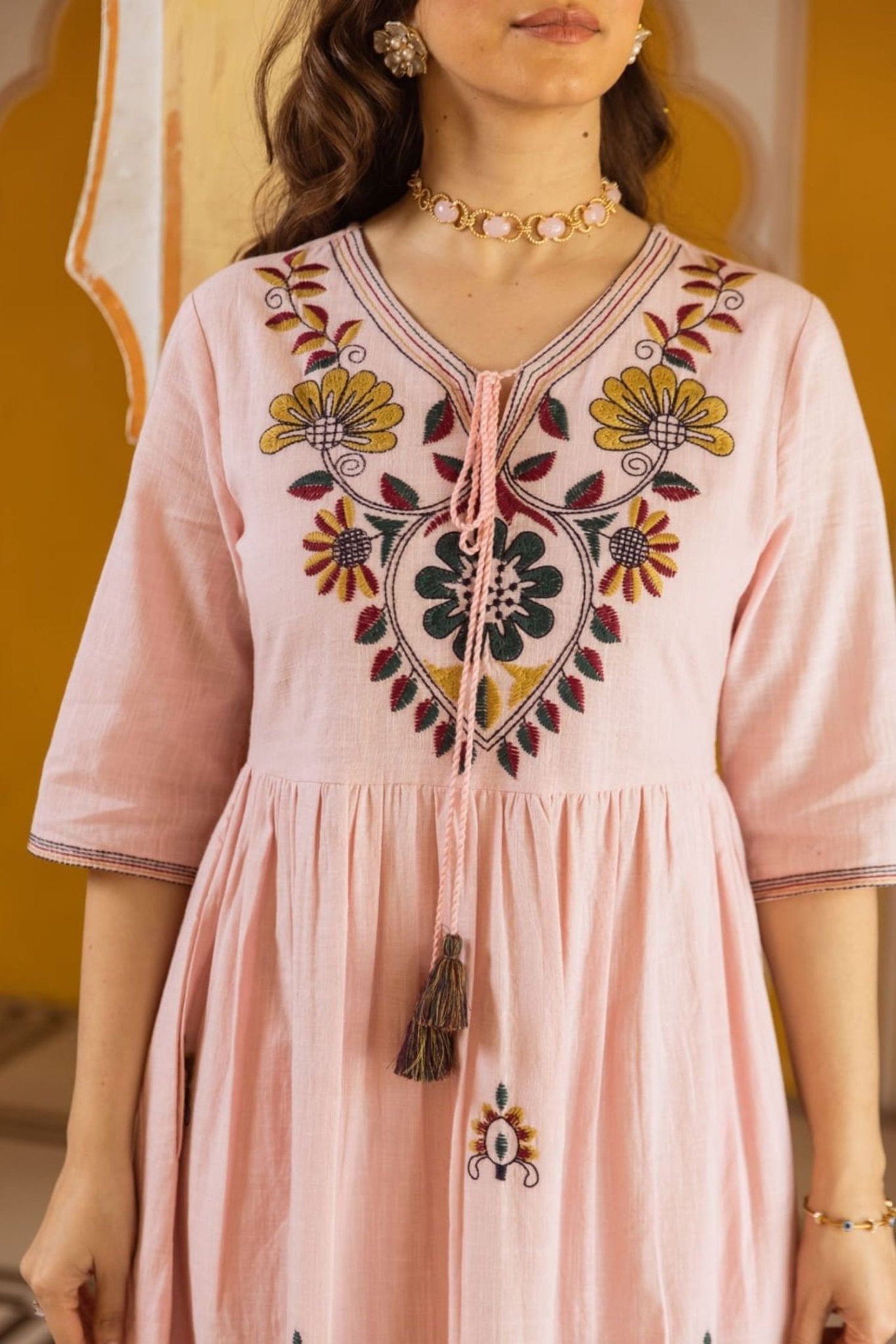 Long Dress With Neck Embroidery Work - Freyaa USA & Canada