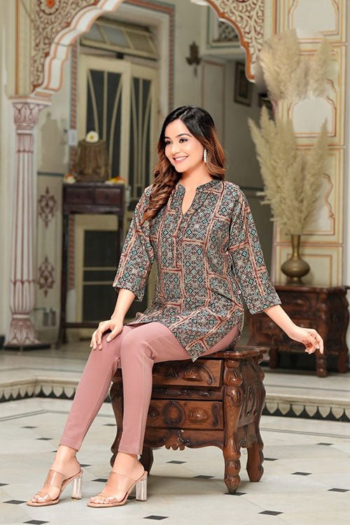 Modal Chanderi printed A Line Tunic Top - Freyaa USA & Canada