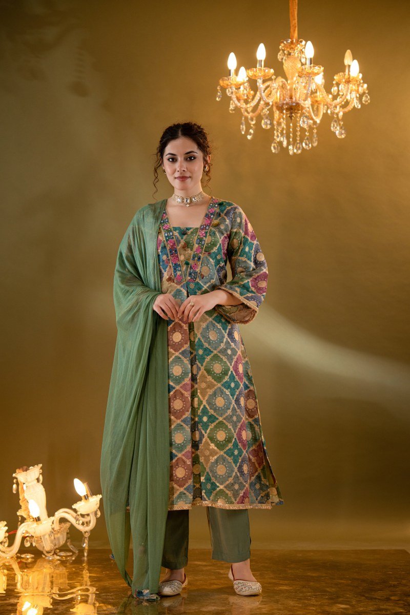 Multicolour Zari Silk Embroidered V-Neck Kurta Set - Freyaa USA & Canada