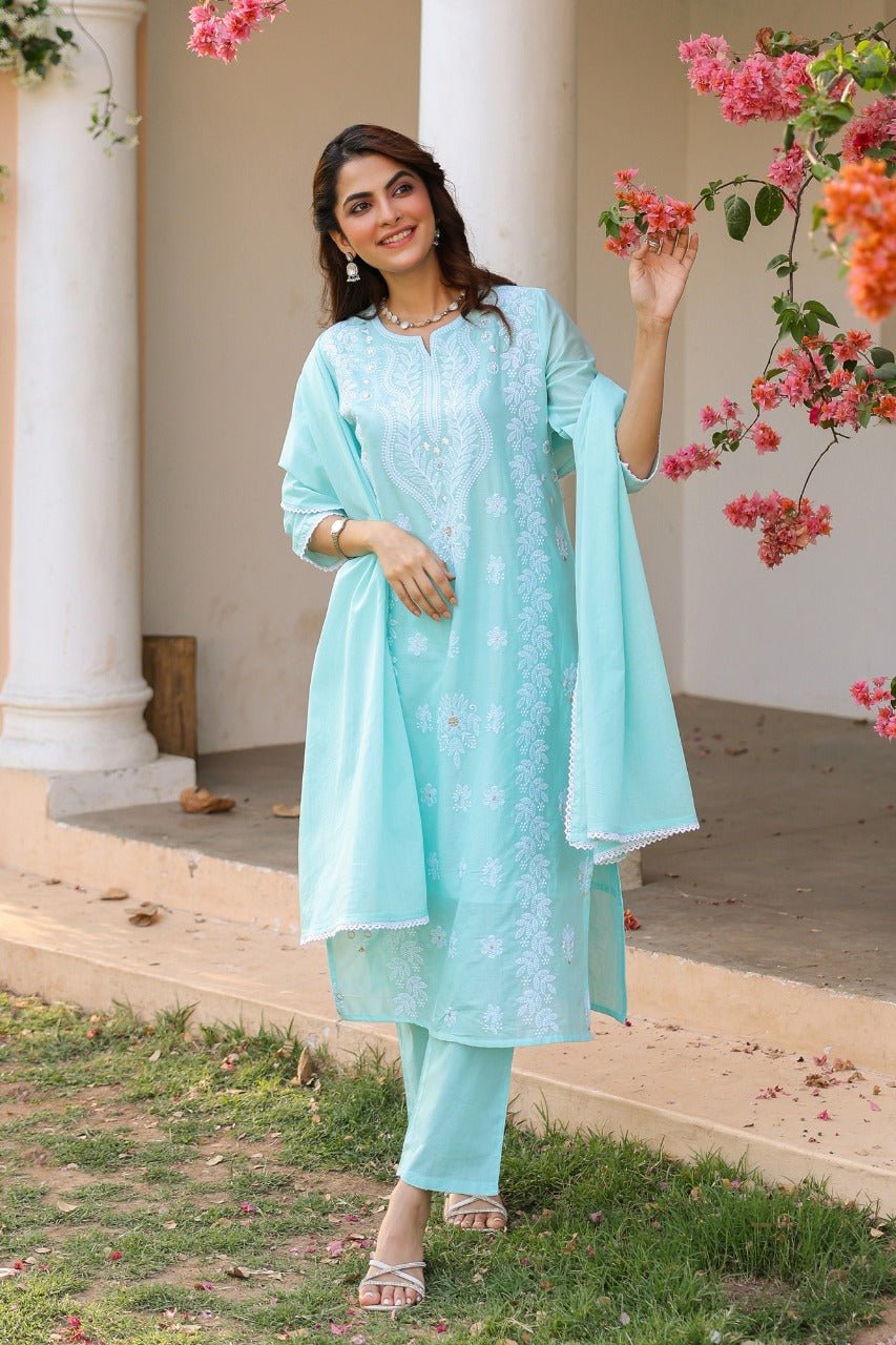 Freyaa Aqua Blue Embroidered Straight Kurta Trouser with Dupatta Set - Freyaa USA & Canada