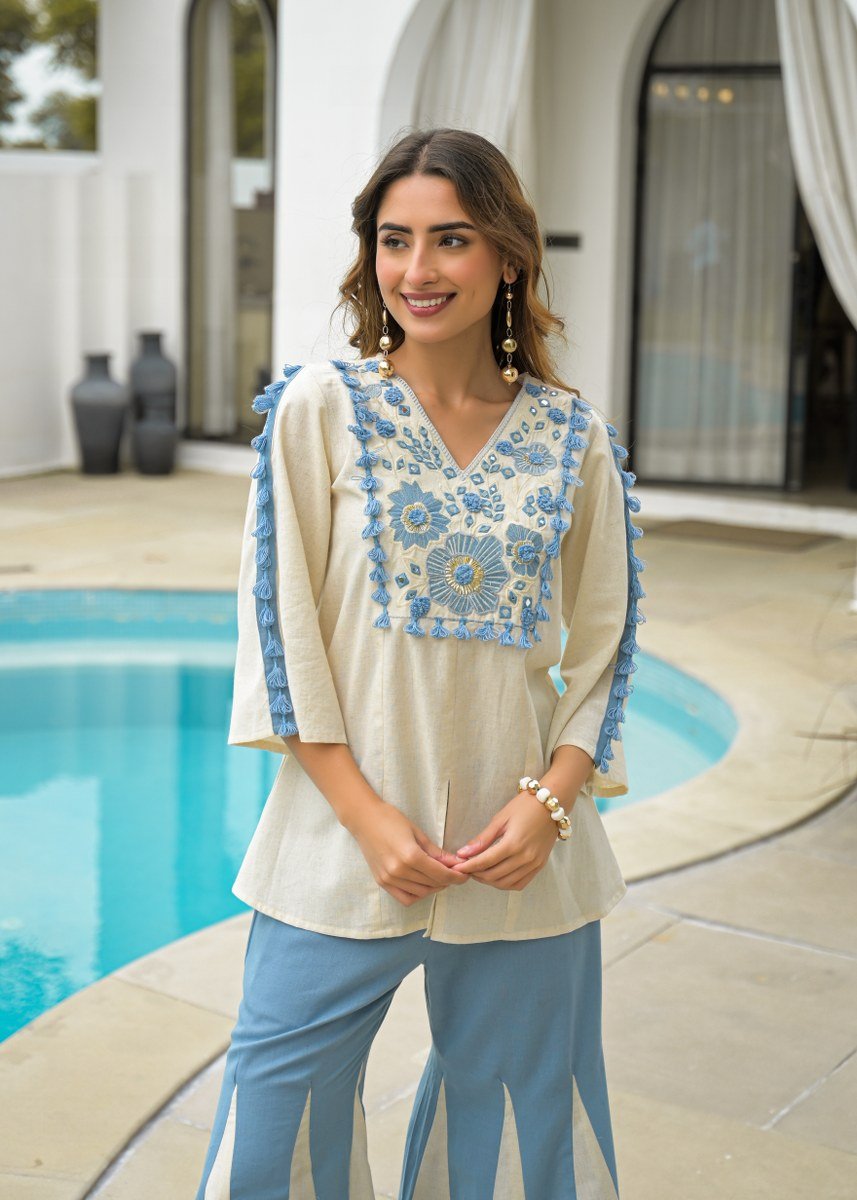 Blue Two-Piece Cord Set with Embroidered Top and Striped Pants - Freyaa USA & Canada