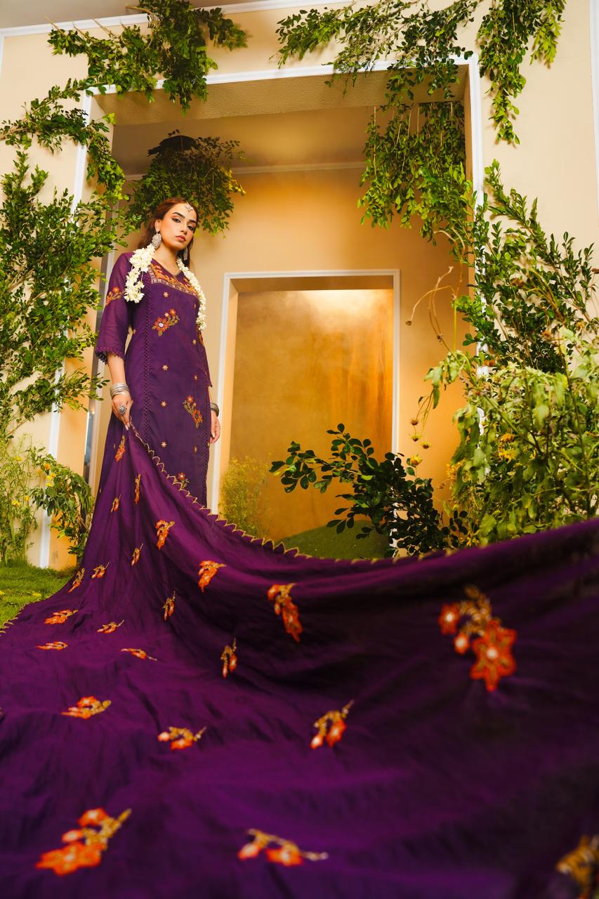 Purple Embroidered Kurta Three-Piece Set with Dupatta - Freyaa USA & Canada