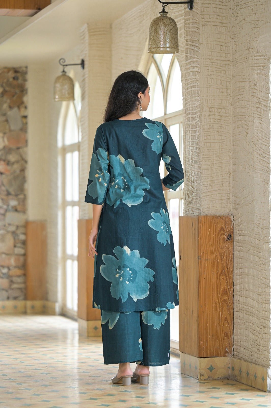 Blue Cotton Co-ord Set with Subtle Printed - Freyaa USA & Canada