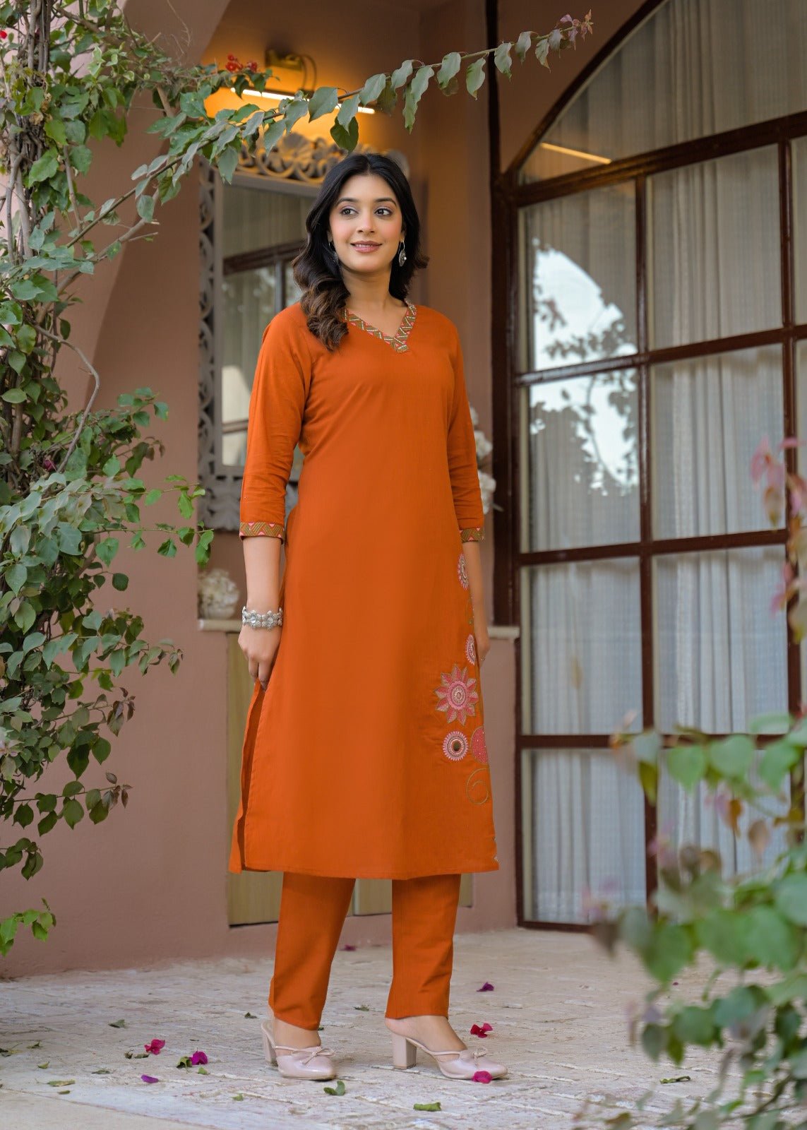 Orange Embroidered Co-ord Set - Freyaa USA & Canada