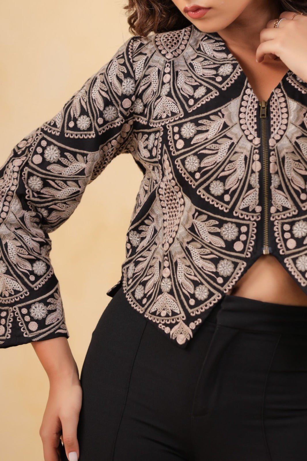 Chic Black Jacket with Threadwork Detailing - Freyaa USA & Canada